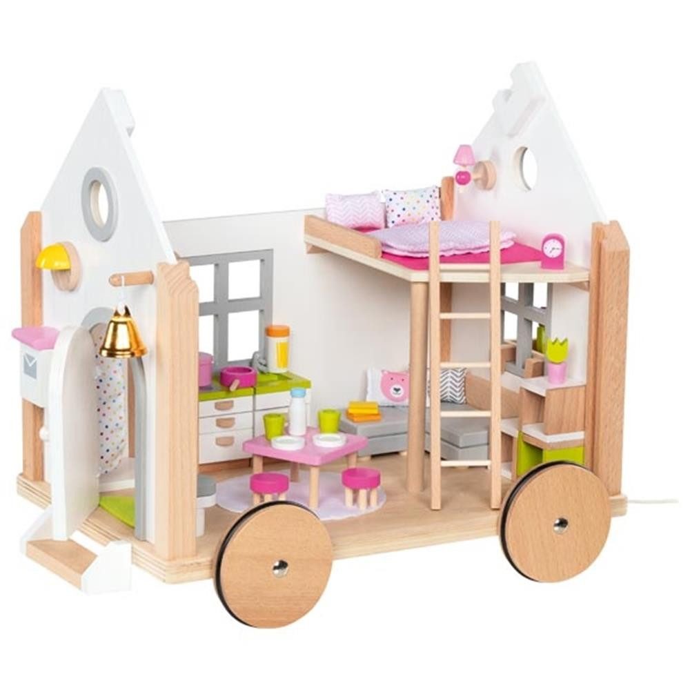 goki Puppenhaus Tiny House Hygge 51477 Puppenhaus aus Holz, 40-teilig, (Puppenhaus-Set, 40-teiliges Puppenhaus-Set im skandinavischen Bauwagendesign), Bauwagendesign, Hygge-Stil, Wimpelkette, Insektenhotel