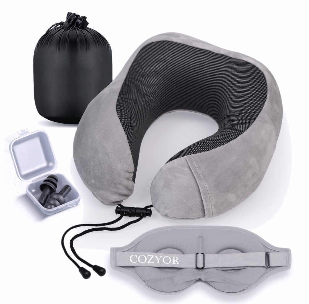 Cozyor Nackenstützkissen Memory Nackenkissen mit verstellbarem Verschluss + praktischer Tasche, Bezug: waschbarer Bezug, Spar-Set, Reise-Set mit Augenmaske, wahlweise mit Reisedecke & -kissen