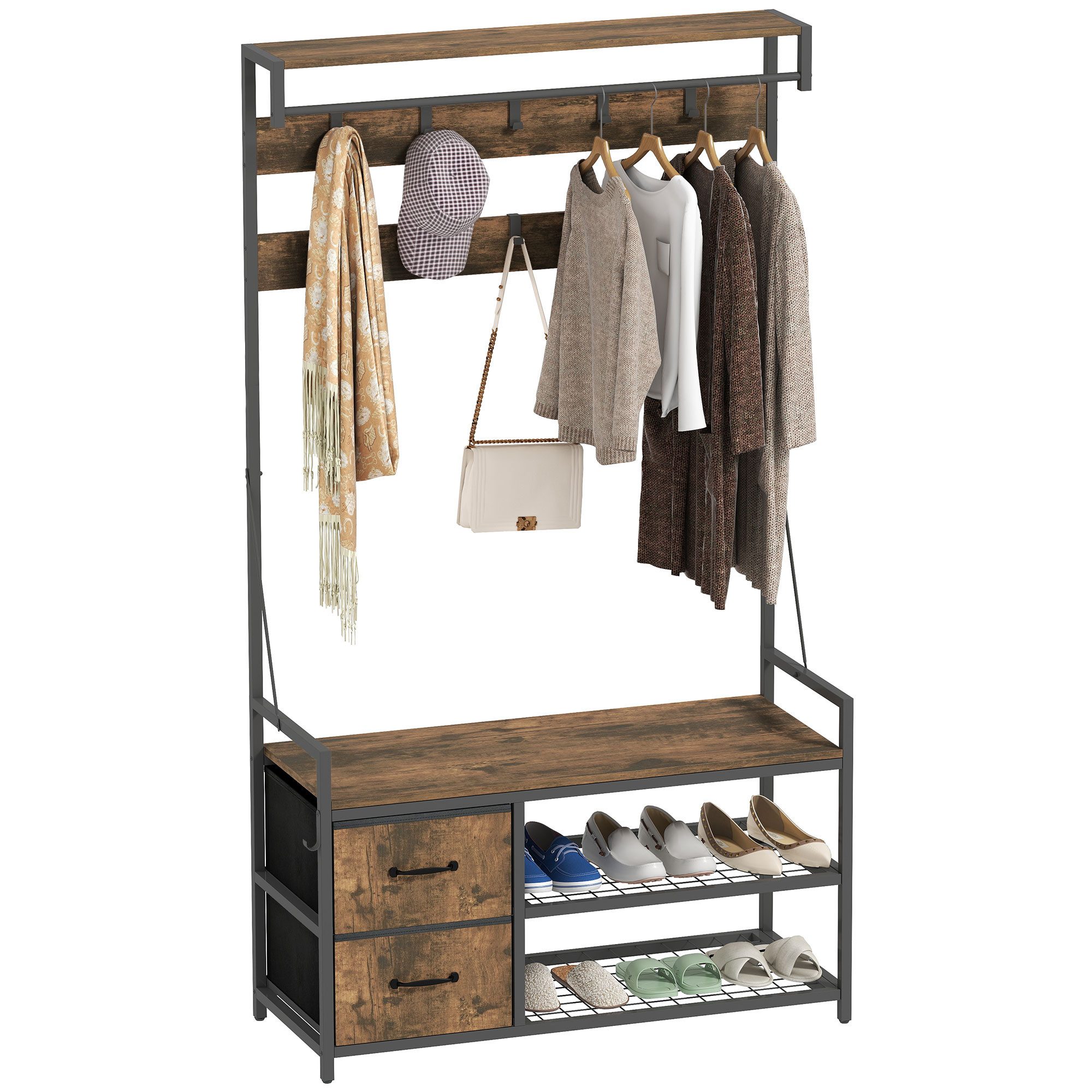 HOMCOM Garderobenständer mit Schuhregal, Industrie-Stil, (Kleidungsständer, 1 St., Garderobe), für Eingangsbereich, Schlafzimmer, Braun+Schwarz