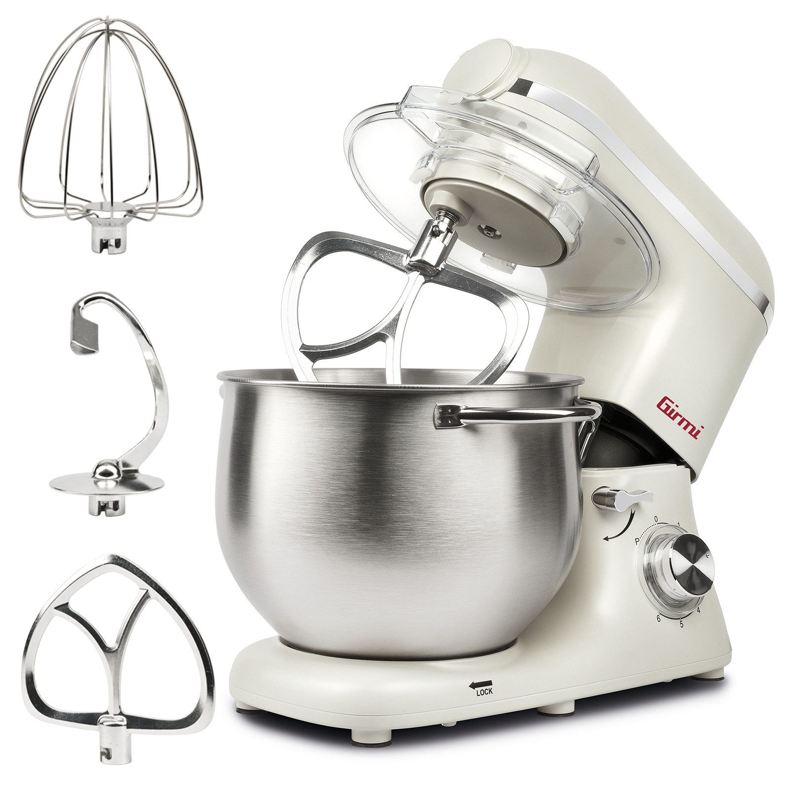 Girmi Küchenmaschine IM5001 Gastronomo Plus IM50, Planetenrührwerk, 2200 W, 8 l Schüssel, 8 l Edelstahl-Schüssel, 6 Stufen, Pulse, bis 3 kg Teig, Zubehör