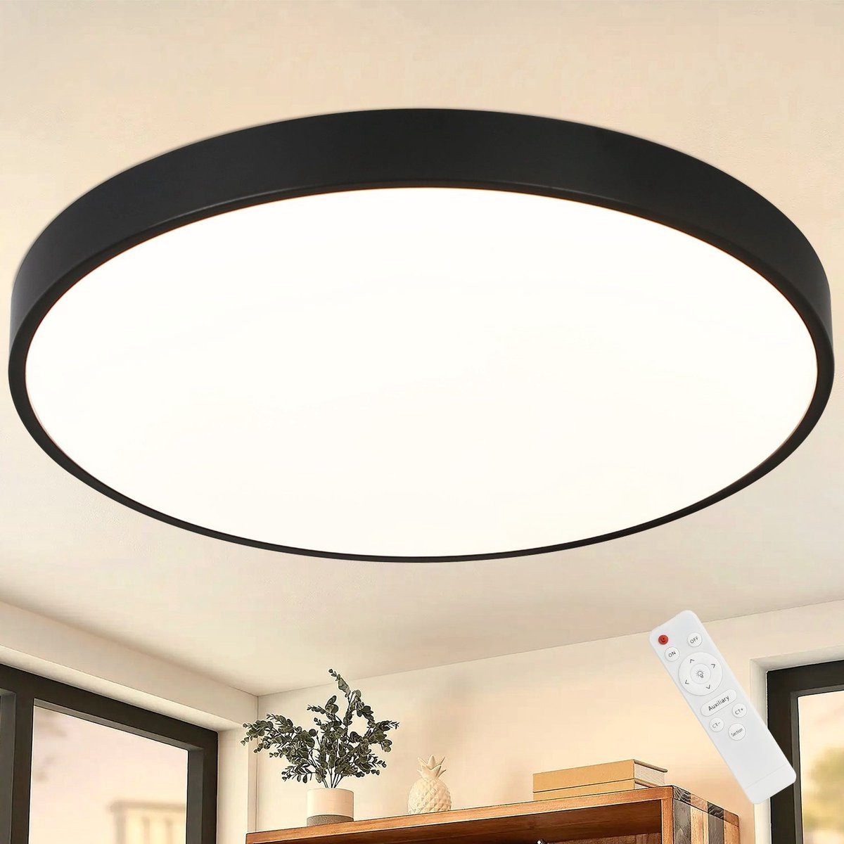 ZMH LED Deckenleuchte Stufenlos ∅37 X 2.5 cm, Dimmbar, LED fest integriert, warmweiß-kaltweiß, Weiß /Schwarz