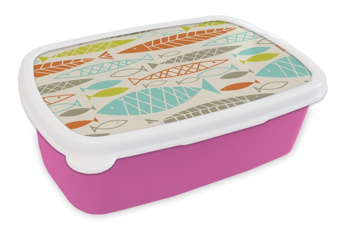 MuchoWow Lunchbox Fisch - 50er Jahre - Muster, Kunststoff, (2-tlg), Brotbox für Erwachsene, Brotdose Kinder, Snackbox, Mädchen, Kunststoff rosa