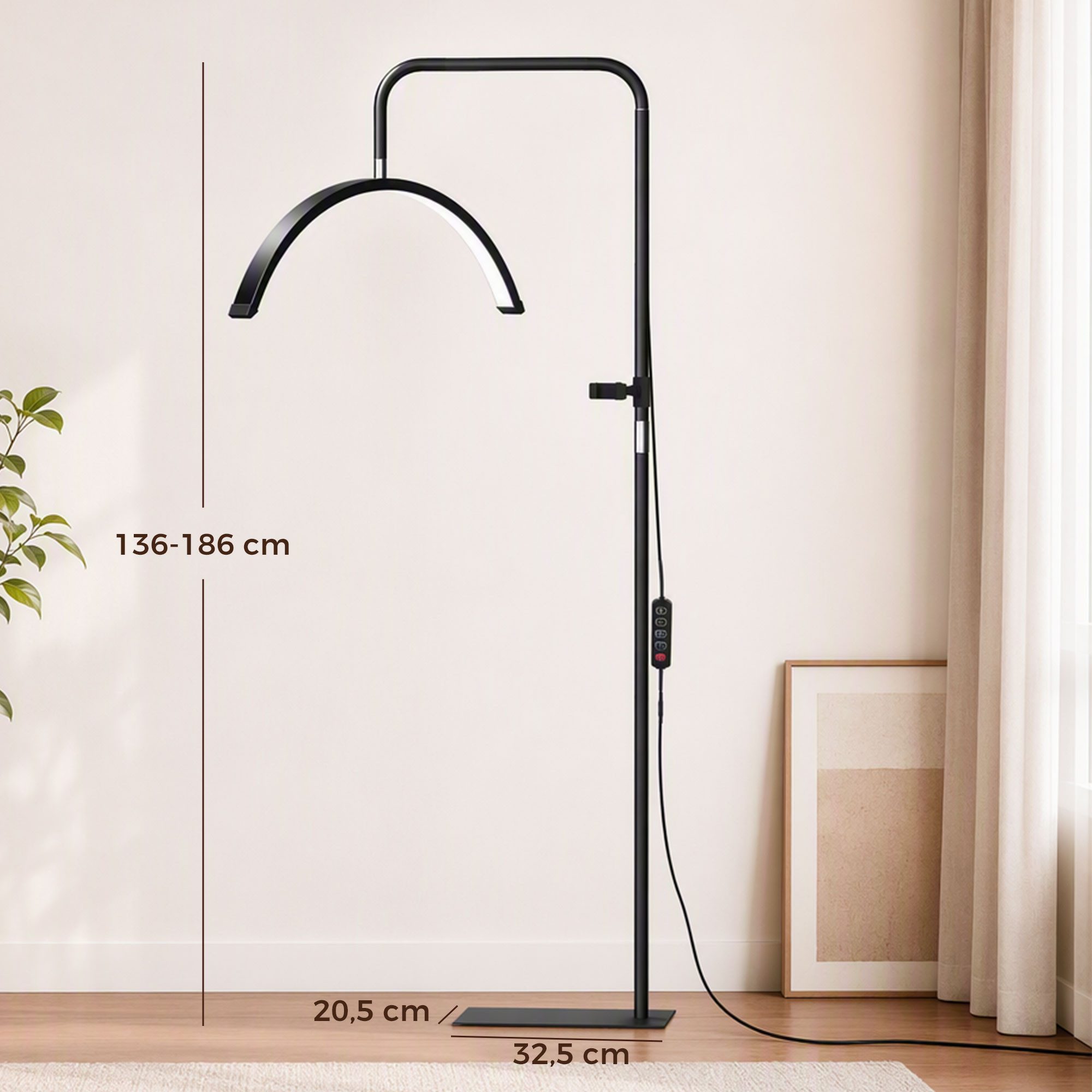 HOMCOM Stehlampe LED Halbmond Wimpern Lampe mit Telefonhalter, Dimmfunktion, LED fest integriert, Tageslichtweiß, für Wimpernverlängerung, Tattoo, Nägel, Hautp