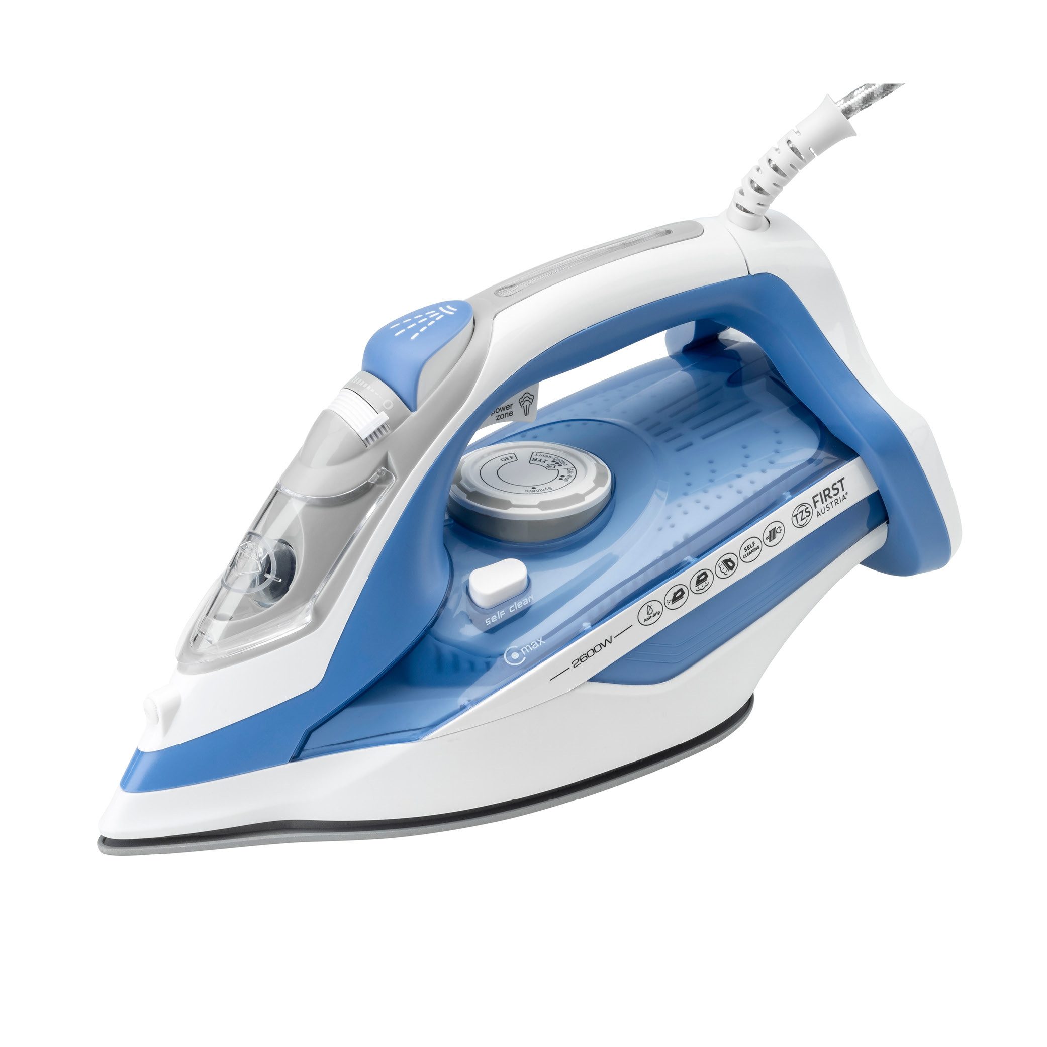 TZS FIRST AUSTRIA Dampfbügeleisen 2600W, Keramiksohle, 91 Düsen, 35g/min, 1g Dampfstoß, Blau, 2600 W, Bügeleisen mit Antikalk, Tropfschutz, Vertikaldampf, 450ml Wassertank