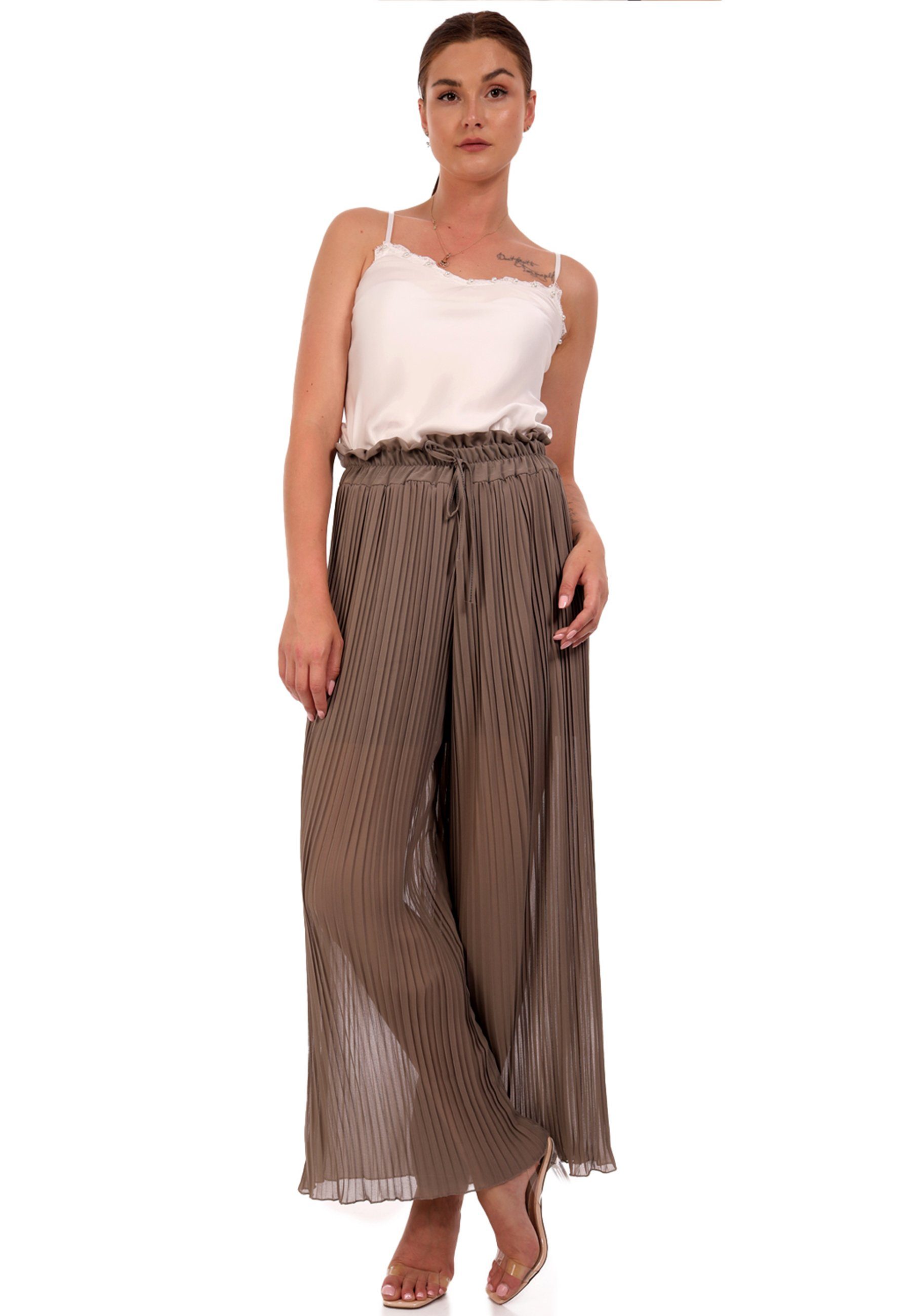 YC Fashion & Style (1-tlg) 34- elastischem Schlupfhose Size casual, mit Hose latte 44 Bund One Faltenhose Plissee in Palazzohose Schlupfform