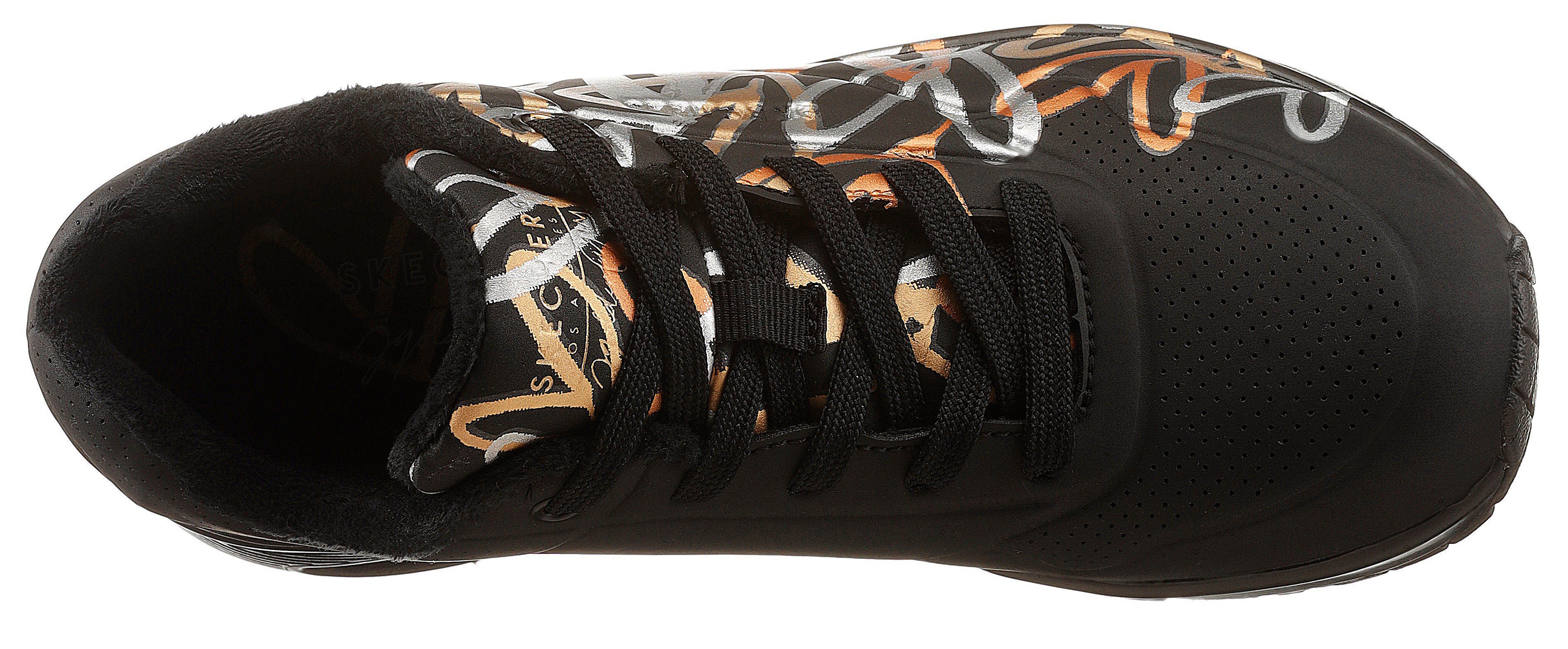 trendigen Skechers LOVE Sneaker Metallic-Print UNO - mit METALLIC schwarz