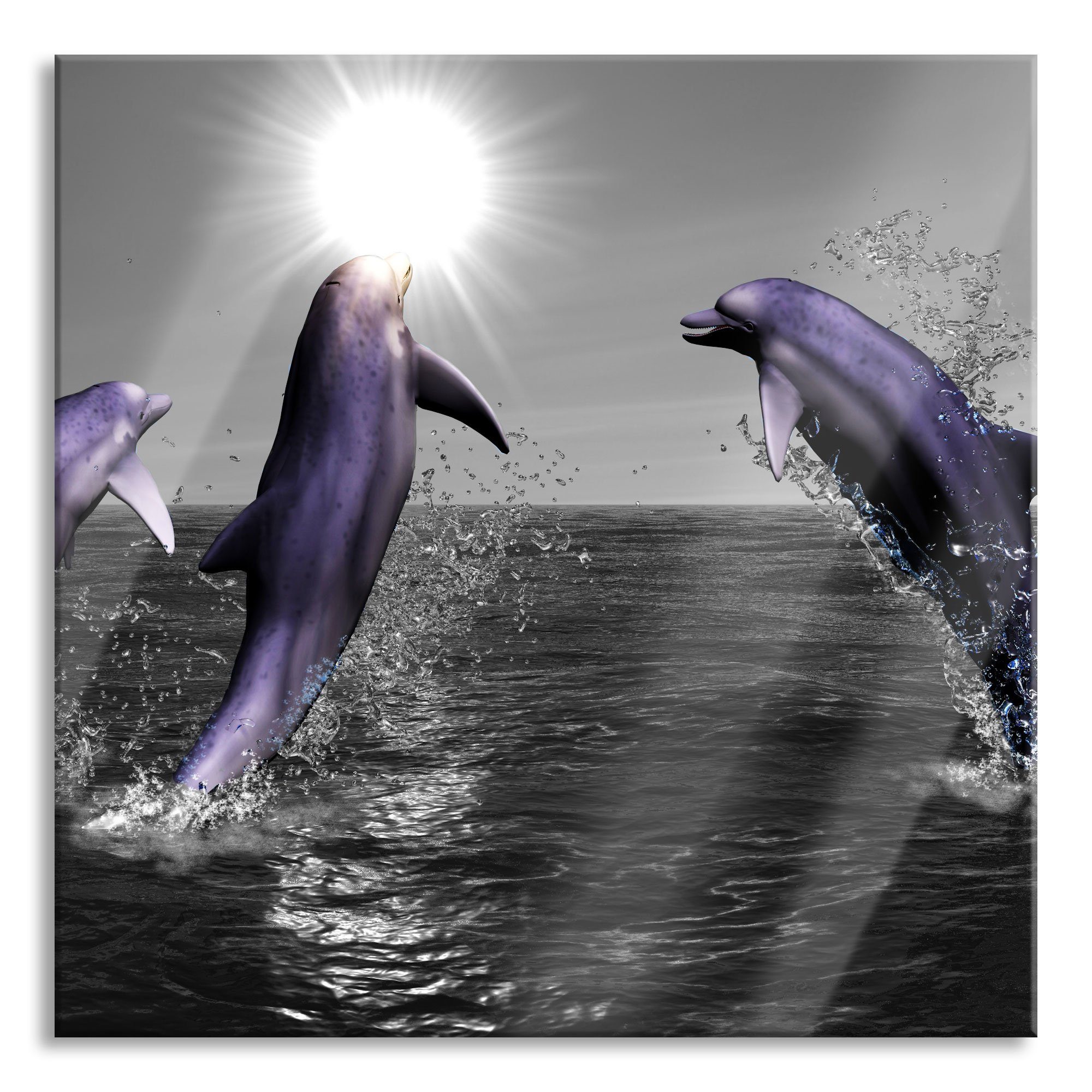 Pixxprint im Meer springen aus Glasbild Fröhliche Meer, im springen inkl. Glasbild Delfine Delfine St), und Abstandshalter Echtglas, (1 Fröhliche Aufhängungen