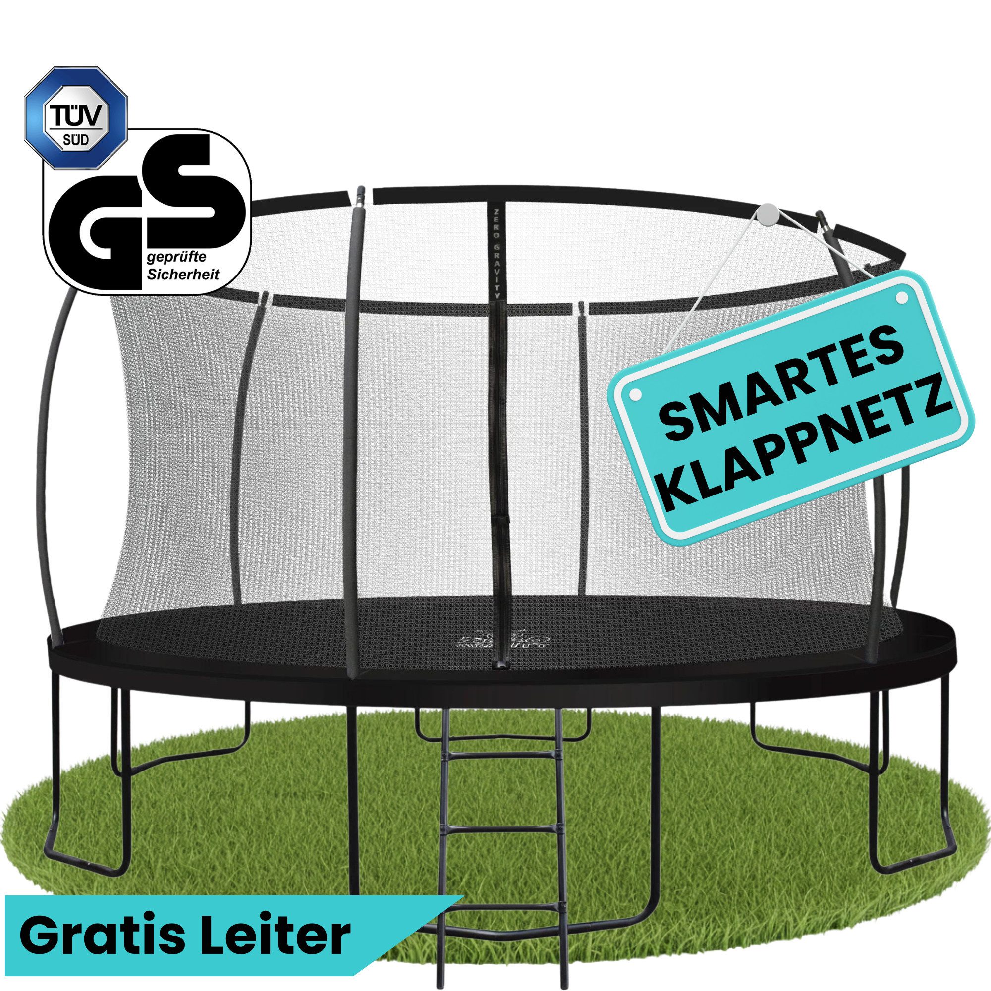 Zero Gravity Gartentrampolin Ø 244/305/366/427 cm, Trampolin Outdoor mit Leiter, Komplett-Set, Ø 244 cm, Trampolin Outdoor Komplett-Set, TÜV GS, Smarter & schneller Netzabbau