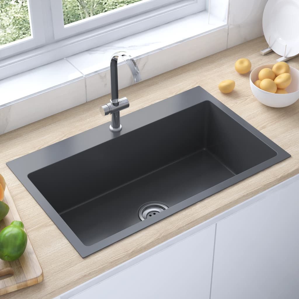 Thumbnail - vidaXL Küchenspüle Küche Spülbecken Massive Einbauspüle Schwarz Edelstahl, 70/44 cm