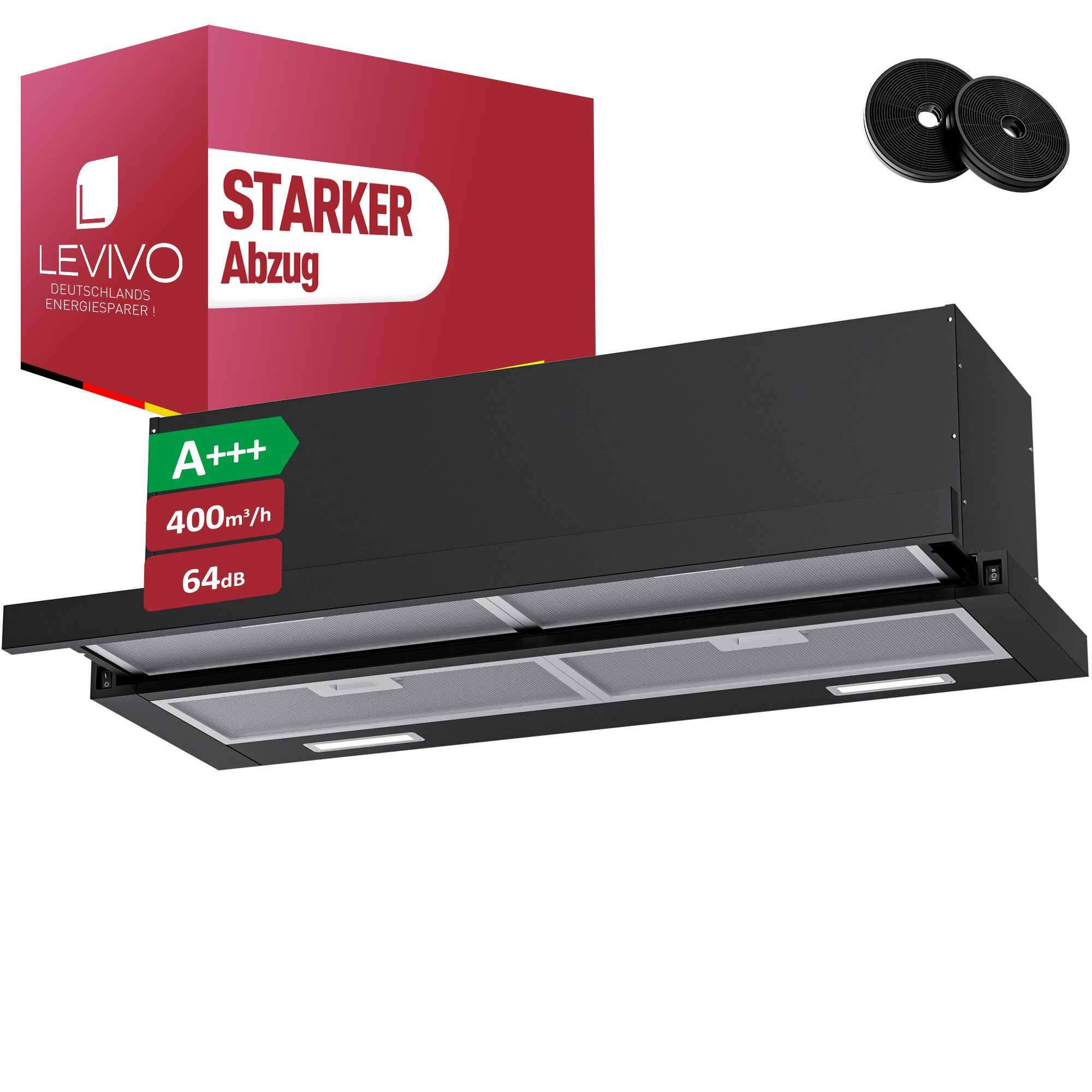 Levivo Flachschirmhaube A+++ Flachschirmhaube 90 cm Umluft & Abluft mit 400 m³/h A+++ Flachschirmhaube 90 cm Umluft & Abluft mit 400 m³/h, Aktivkohlefiltern, Fettfiltern, LED-Beleuchtung
