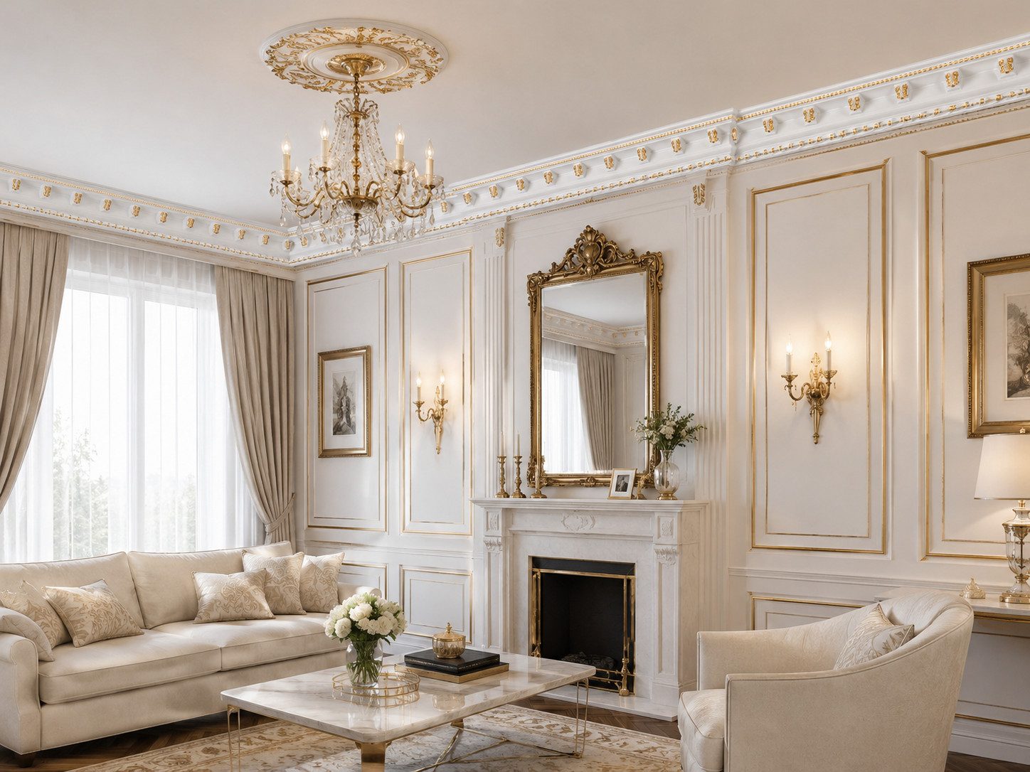 JVmoebel Stuckleiste Deckenleiste Barock Goldweiß Zierprofil 200 cm Klassik Sofort, Kleben, XPS, Dekorative Deckenleiste mit goldfarbenem Ornament im klassischen Stil