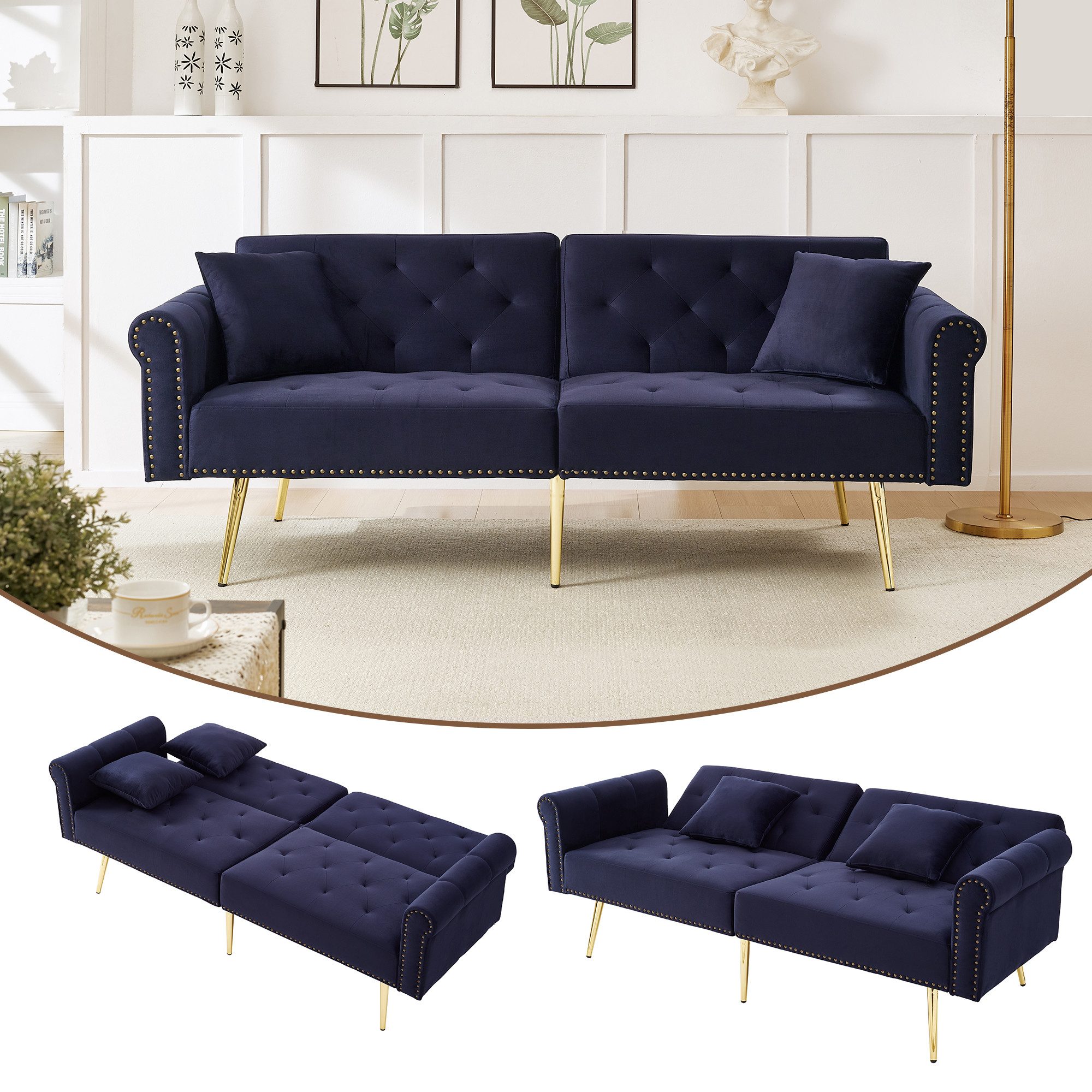 Merax Schlafsofa mit Bettfunktion, 1 Teile, 2-Sitzer-Sofa mit verstellbarer Rückenlehne & goldenen Metallfüßen