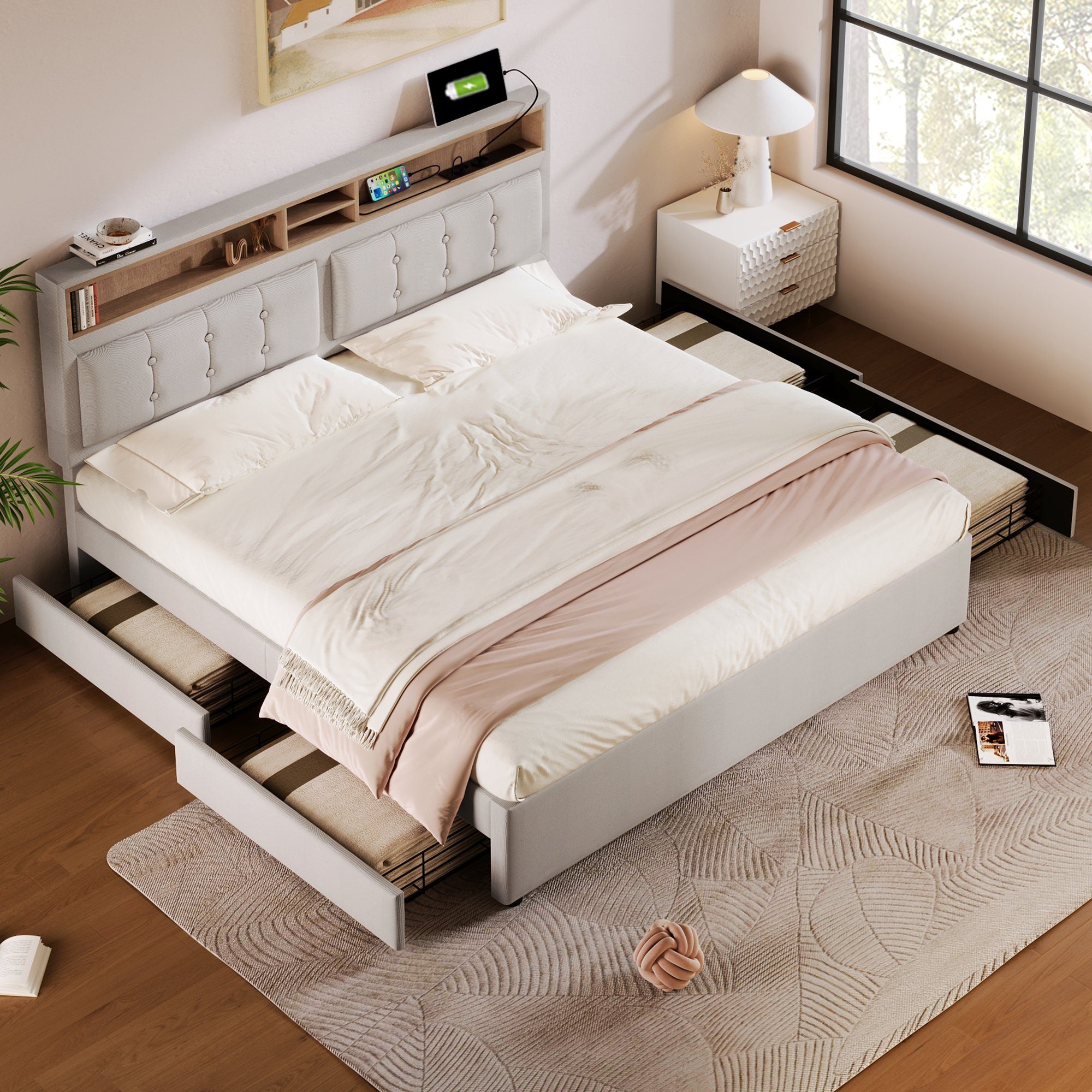 Flieks Polsterbett, Doppelbett mit USB/Typ-C Ladefunktion + 4 Schubladen 16 günstig online kaufen