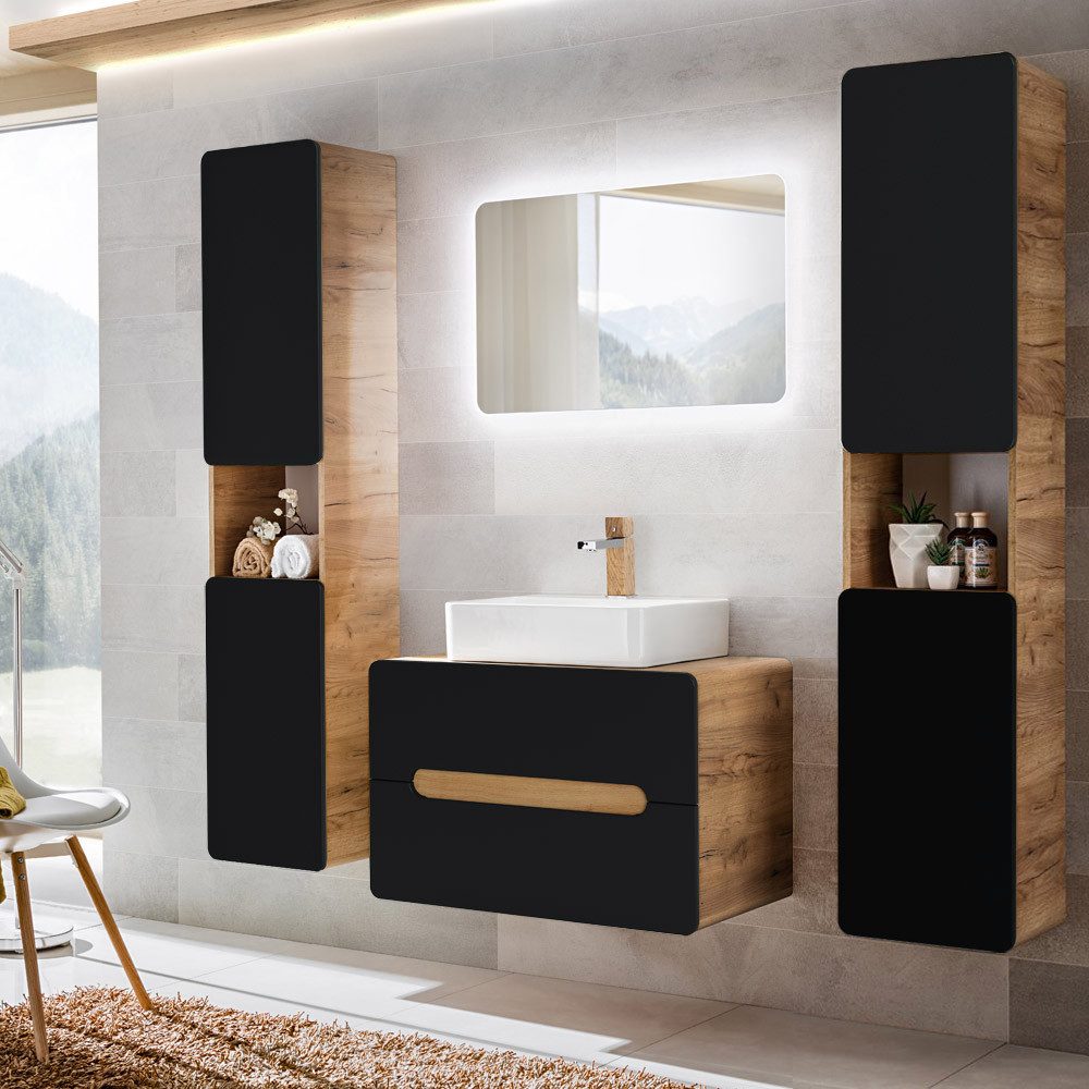 Lomadox Badmöbel-Set NEW-LUTON, (Spar-Set, 4-St), anthrazit mit Wotan Eiche Nb. 180/200/46 cm