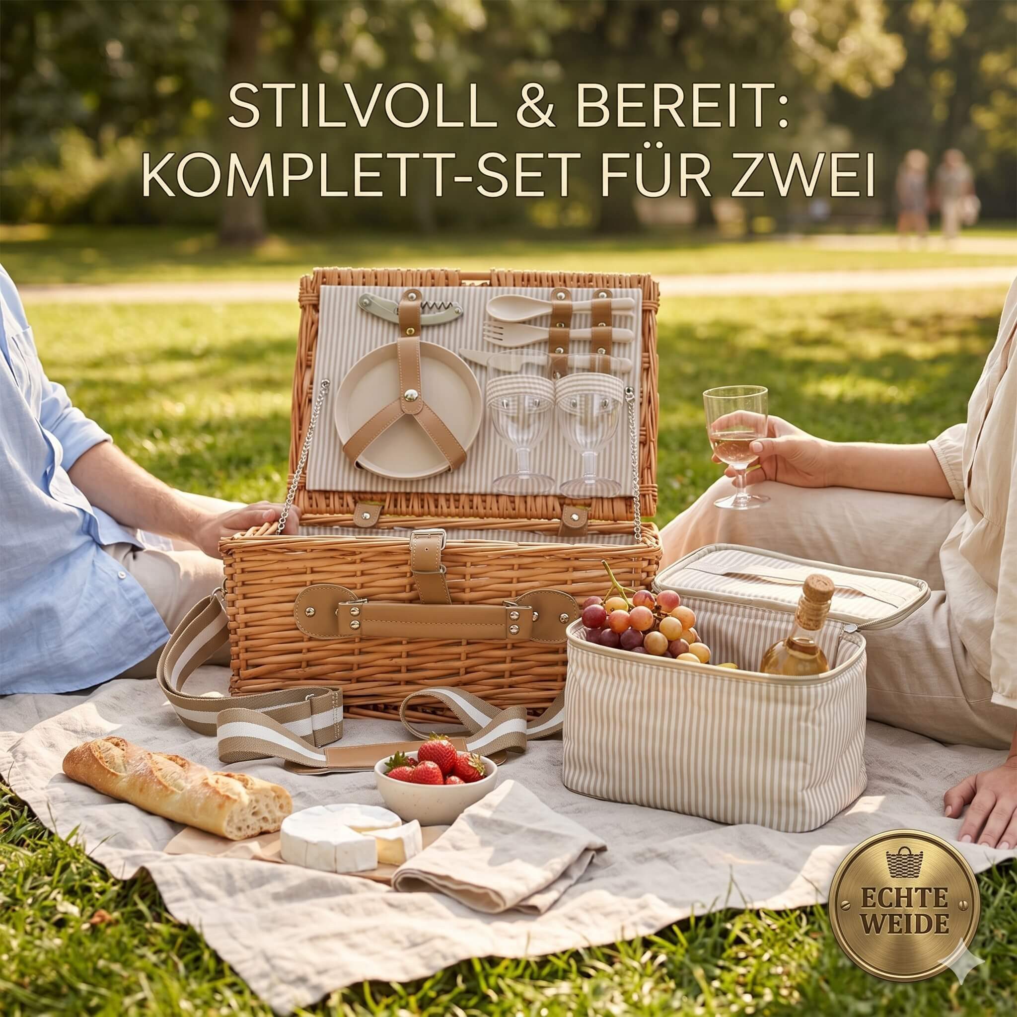 Jens Living Picknickkorb Picknickkorb Set für 2 Personen mit Kühltasche & Besteck Weide Natur, Inkl. Kühltasche, Echtes Weidengeflecht, Besteck-Set für 2, Natur-Look