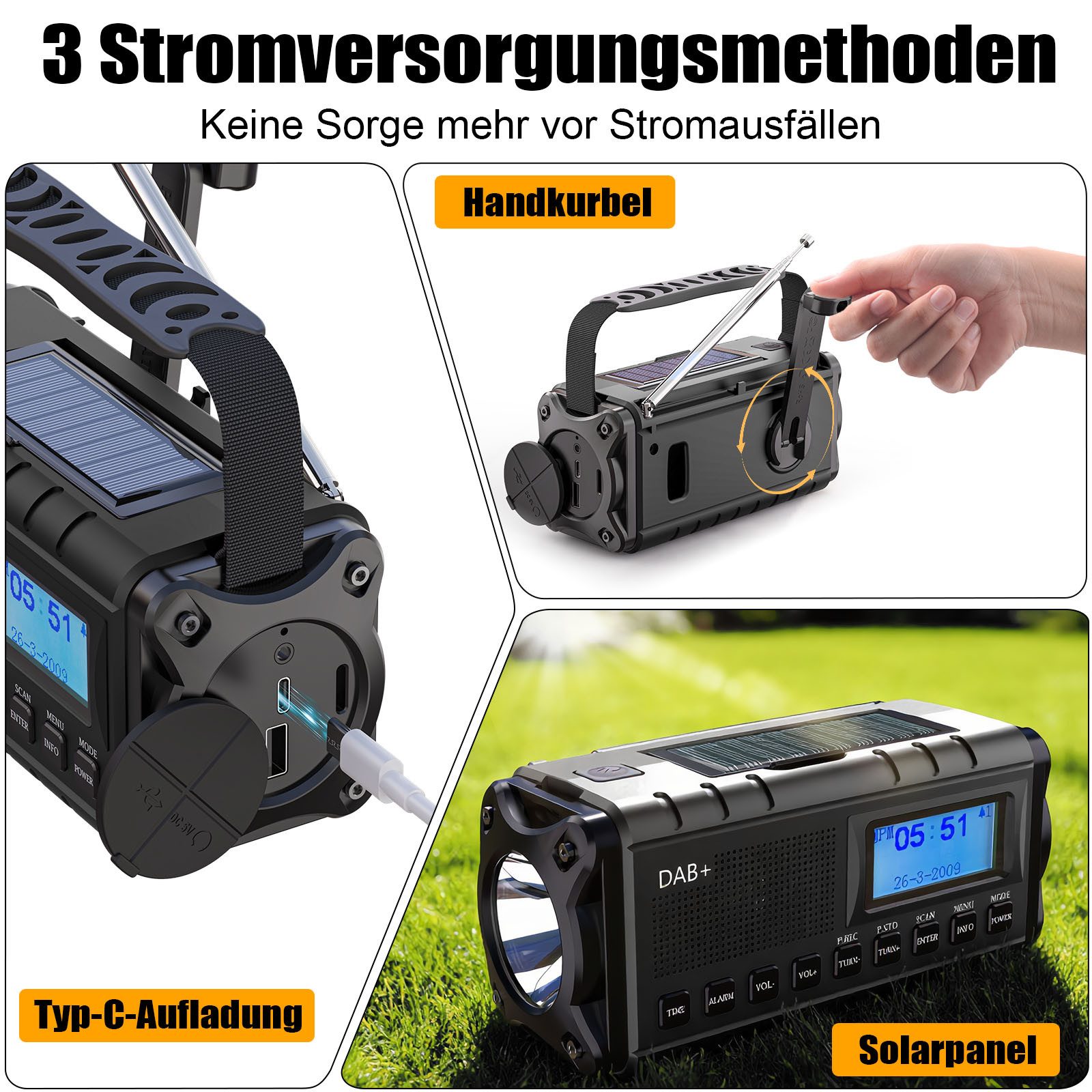 Solarbaby Multifunktionales Notfallradio, DAB+/FM Kurbelradio Notfallradio (mit Handy Ladefunktion, Wecker, SOS Alarm)