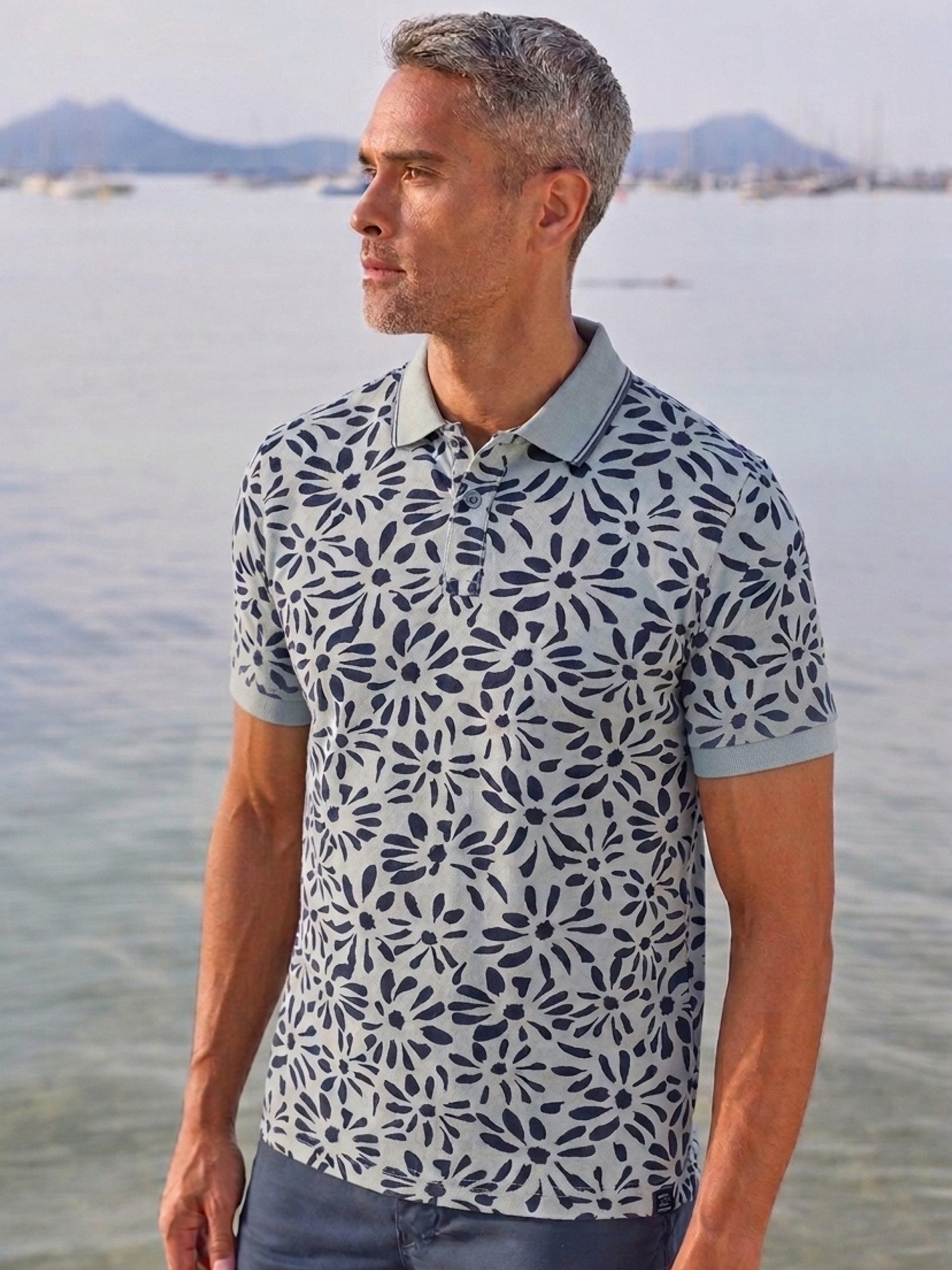LERROS Poloshirt mit floralem All-over-Print, 2-Tone-Optik