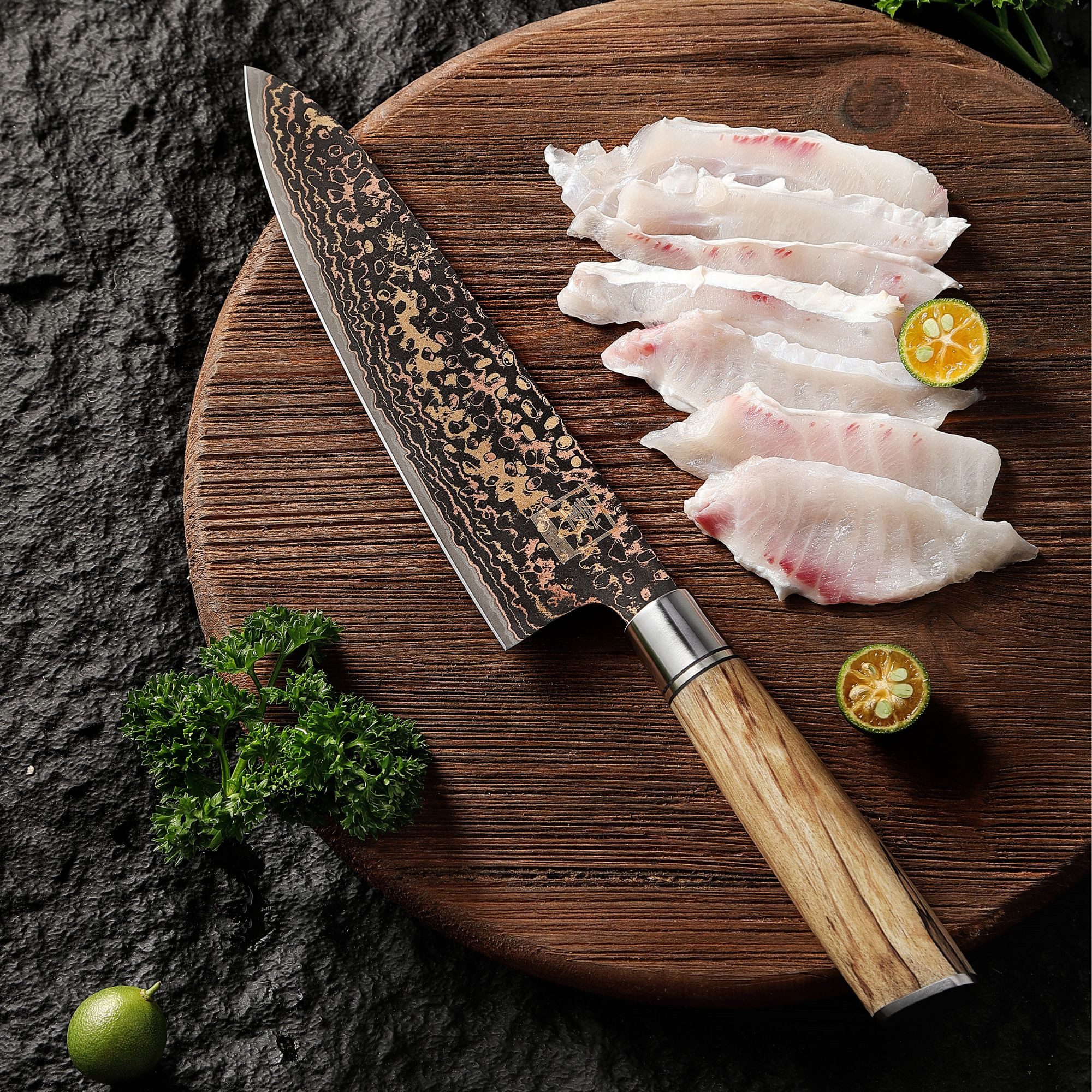 ZAYIKO Universalküchenmesser BlackMagma Damast Chefmesser Küchenmesser 19 cm Klinge Kupfer-Bronze, schwarzer Damaststahl, Kupfer-Bronze-Einlage
