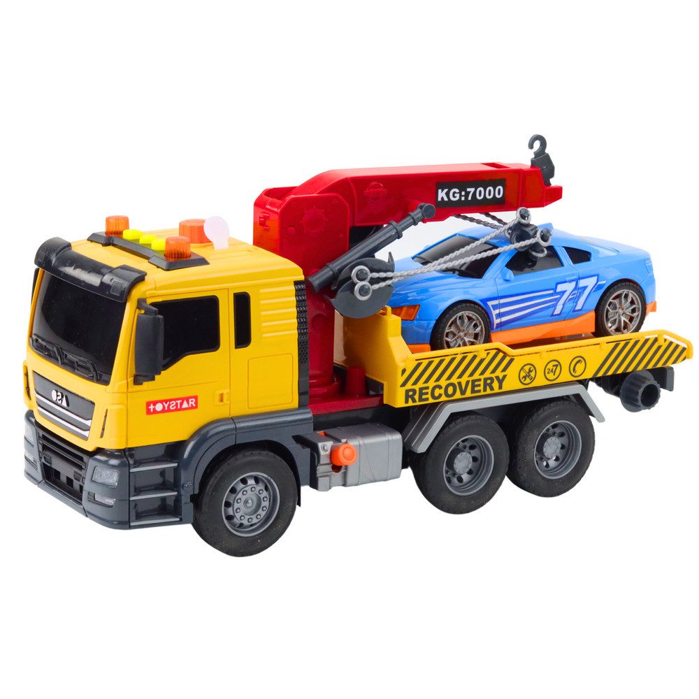LEAN TOYS Spielzeug-Abschlepper Abschleppwagen Kranwagen Rennwagen, (Spar-Set, 1-tlg., 33 x 16,5 x 12 cm robust), Licht- & Klangeffekte, beweglicher Kran, Gummiräder