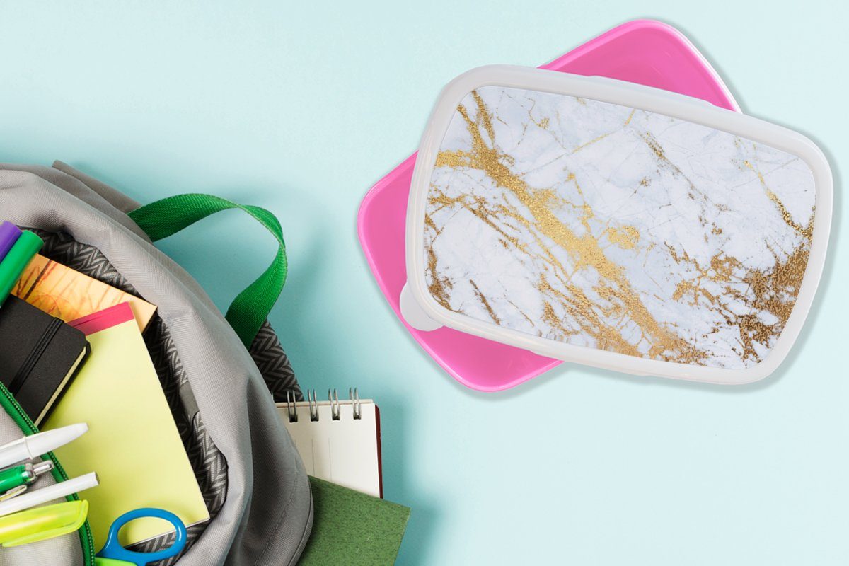 Brotbox Kunststoff Lunchbox Brotdose für - rosa Erwachsene, Marmoroptik Marmor Snackbox, Glitzer, (2-tlg), - Kinder, - Gold Weiß Kunststoff, Luxe Mädchen, - MuchoWow -
