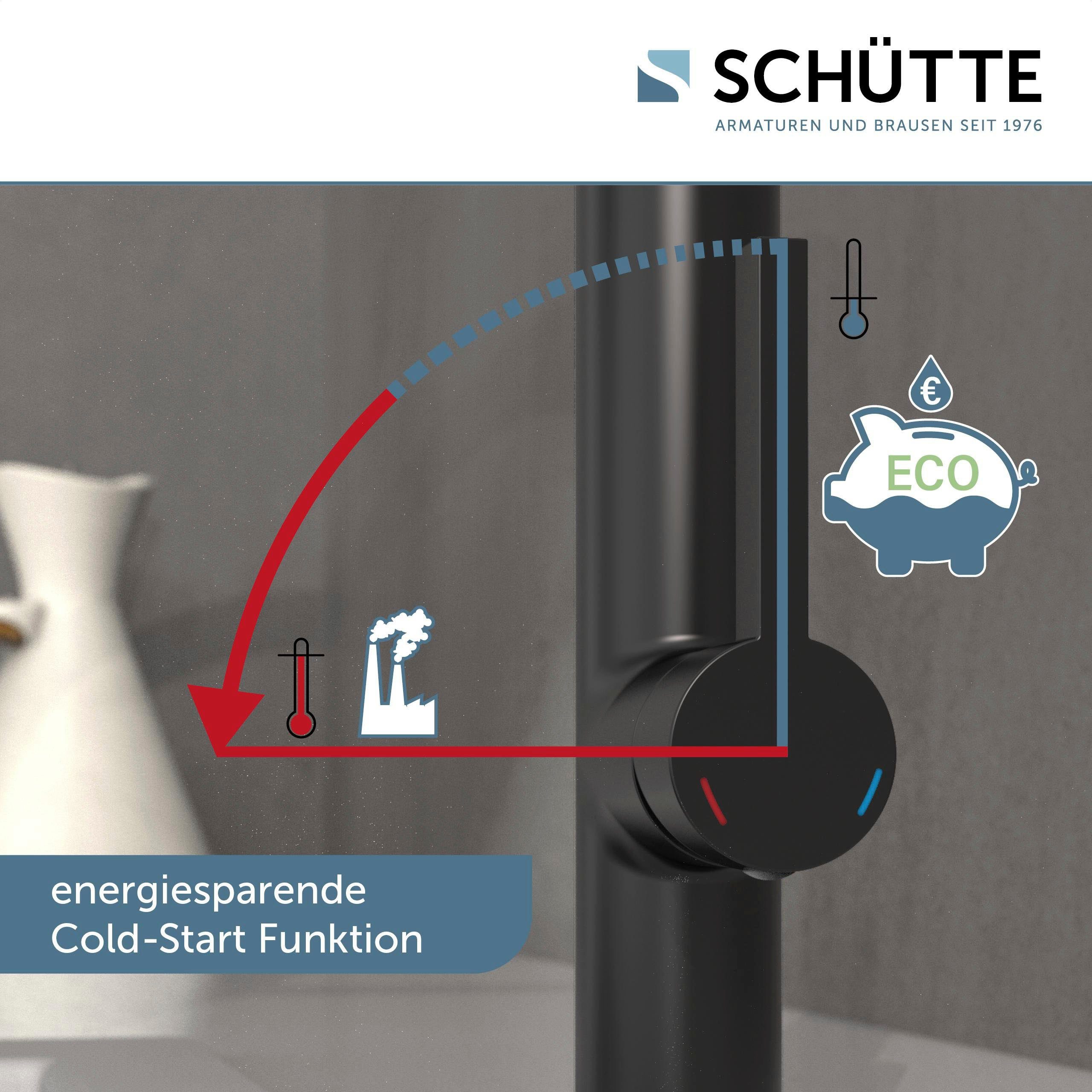 Schütte Spültischarmatur MIAMI energiesparende schwenkbar, Cold-Start-Funkt., schwarz-chromfarben verstellbar 2-fach 360°