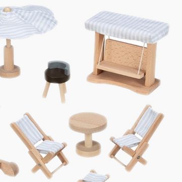 goki Puppenhausmöbel Puppengartenmöbel Weiß (9tlg., 9-teiligen Set), mit Grill, über Liegestühle und Sonnenschirm