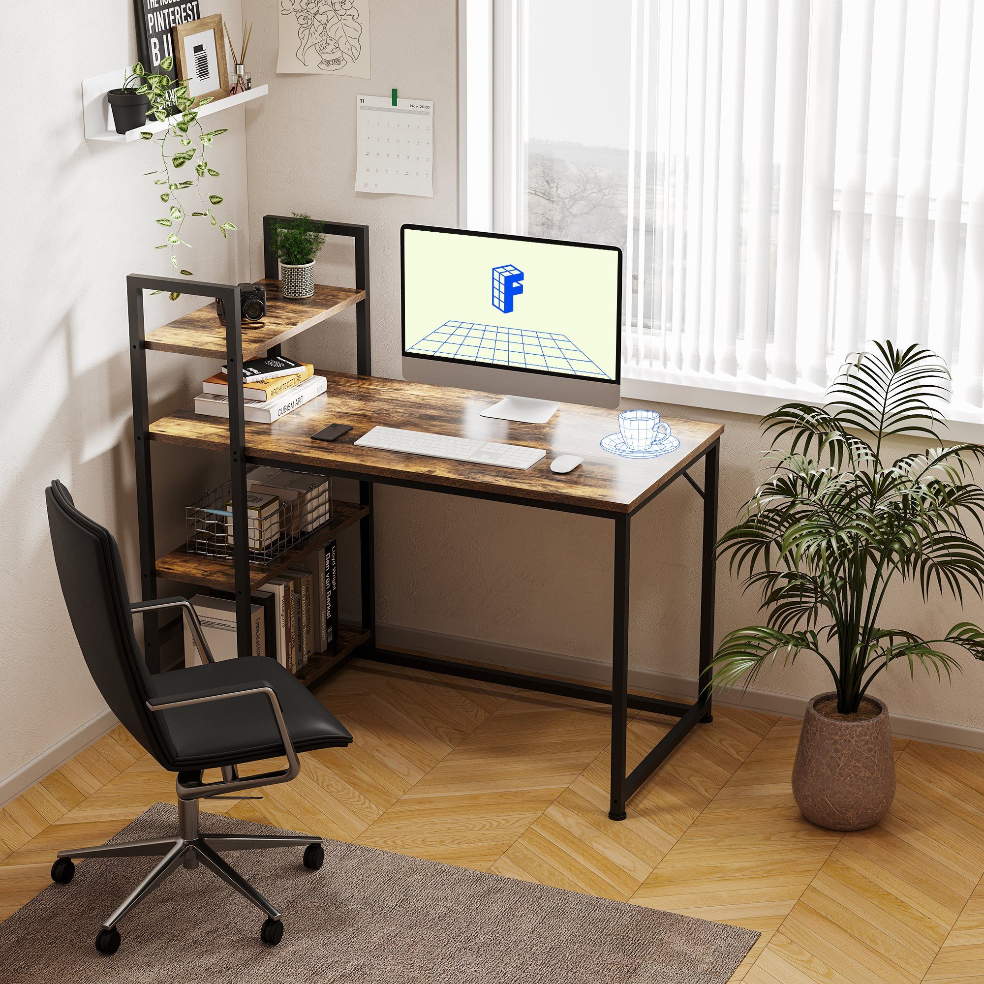 Office (Home Schreibtisch PC-Tisch), Bücherregal Schreibtisch Plus Tier Basic Vintage FLEXISPOT F5 4 Lagerregalen, Eiche mit