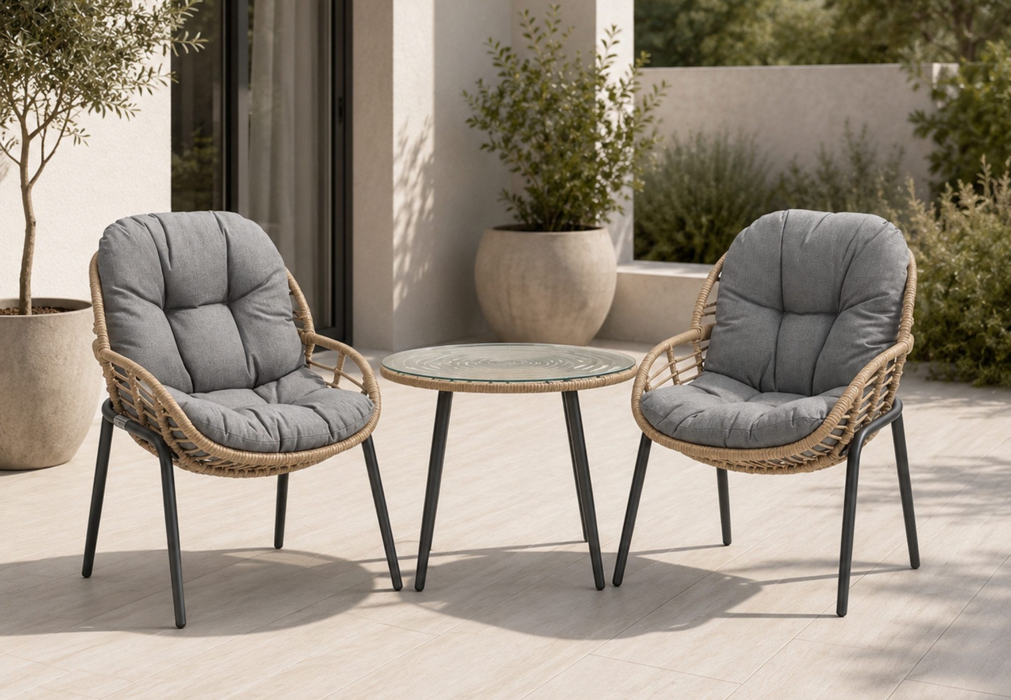 Home Collective Gartenlounge-Set Balkonmöbel Lounge Möbel Outdoor Sitzgruppe mit Beistelltisch, (3-teiliges Set mit 2 Stühlen und 1 Beistelltisch Ø 56 cm, inkl. abziehbarer Kissen)