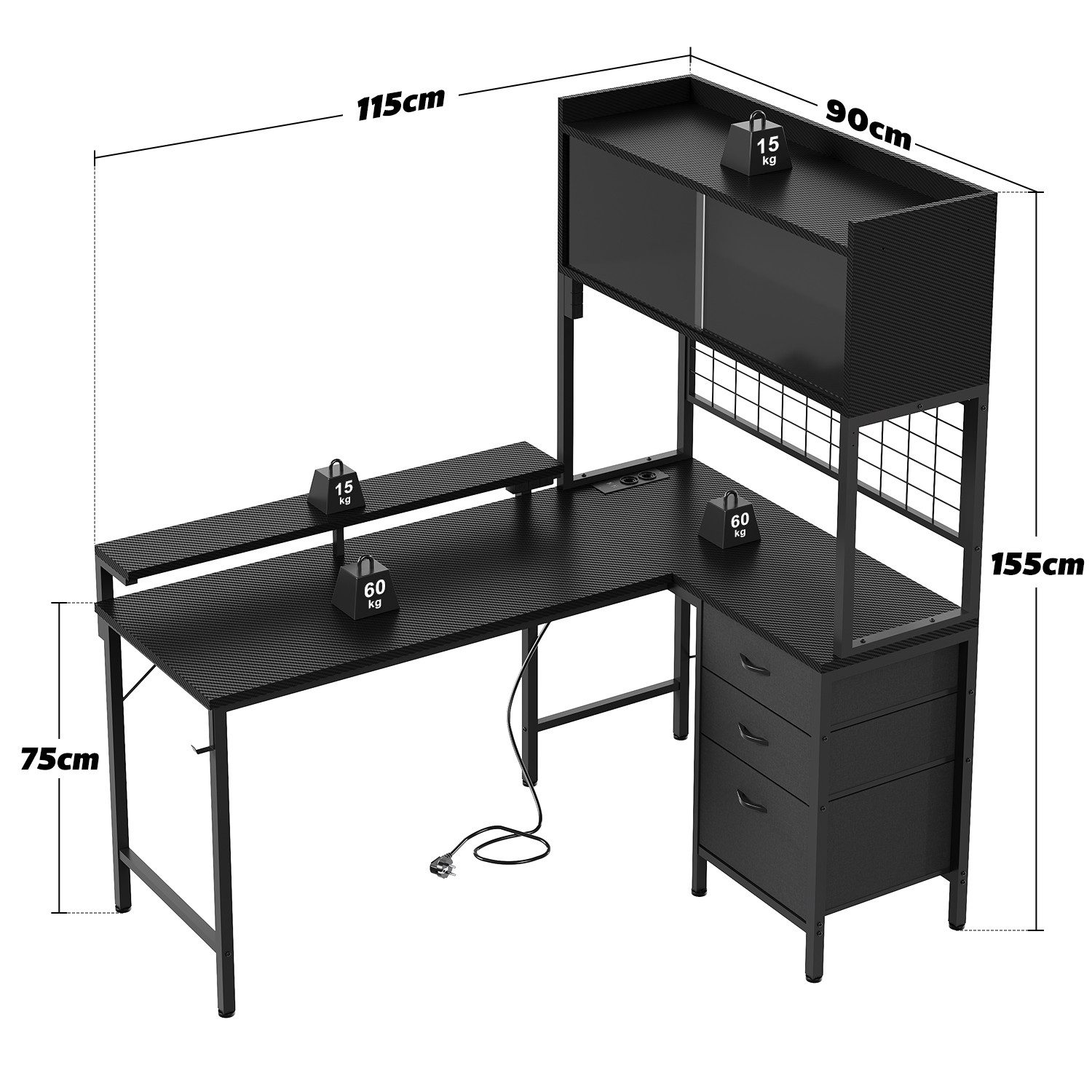 HOMALL Schreibtisch L-förmiger Gamingtisch mit Regal, LED-Leuchten, Steckdose & Schubladen (Maße: 115 cm, mit Vitrine, 4 Stoffschubladen und Haken, links oder r – Bild 3 von 5