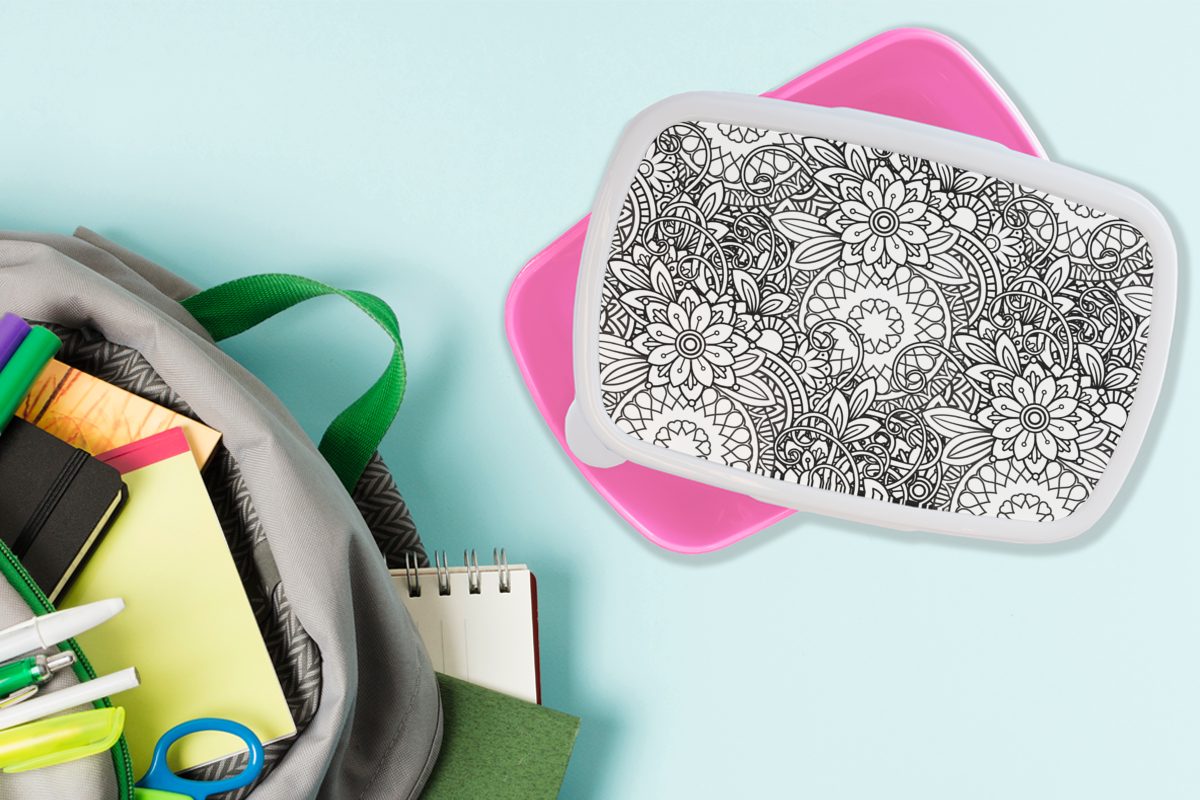 MuchoWow Lunchbox Mandala - Zentangle Kinder, Brotdose rosa Erwachsene, Muster, für Kunststoff, Brotbox Kunststoff Snackbox, - Mädchen, (2-tlg)