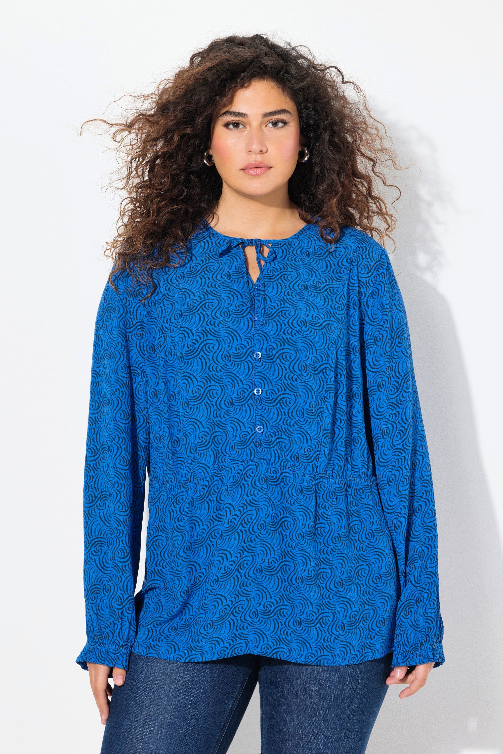 Satinbluse Tunika Wellenmuster A-Linie Tunika-Ausschnitt