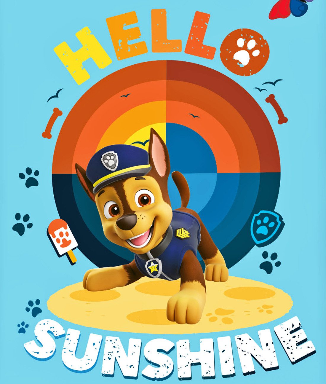 Herding Kinderbettwäsche 135x200cm Paw Patrol Hello Sunshine, Renforcé, 2 teilig, Chase und seine Freunde am Strand, Knopfleiste