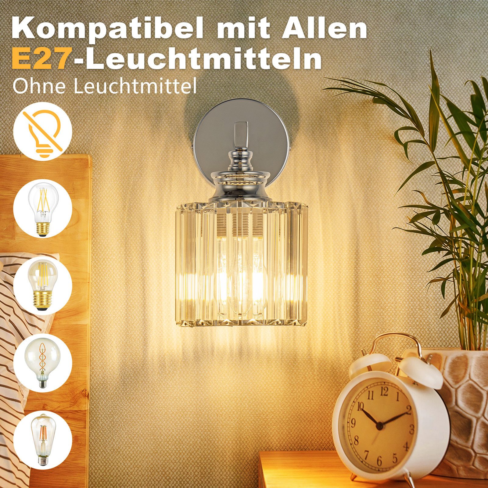 Nettlife Wandleuchte Kristall moderne Wandlampe E27 Wandbeleuchtung als Nachttischlampe, ohne Leuchtmittel, für Schlafzimmer, Wohnzimmer, Flur, Treppenhaus