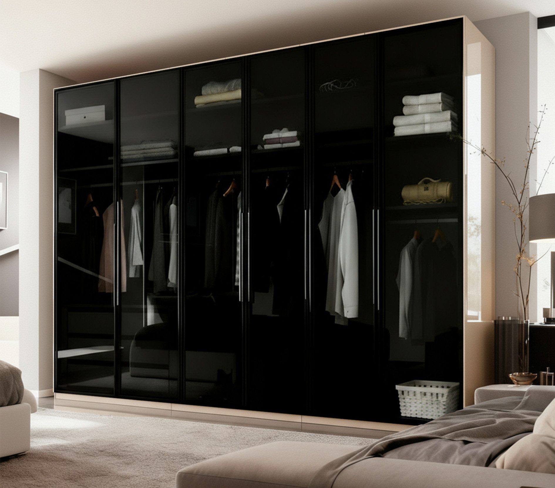 Palms-Store Kleiderschrank Monaco Hochglanz, mit Glasrahmentüren (Spar-Set) Maße ca. Breite: 300cm, Tiefe: 62cm, Höhe: 218cm, inkl. Zubehörpaket