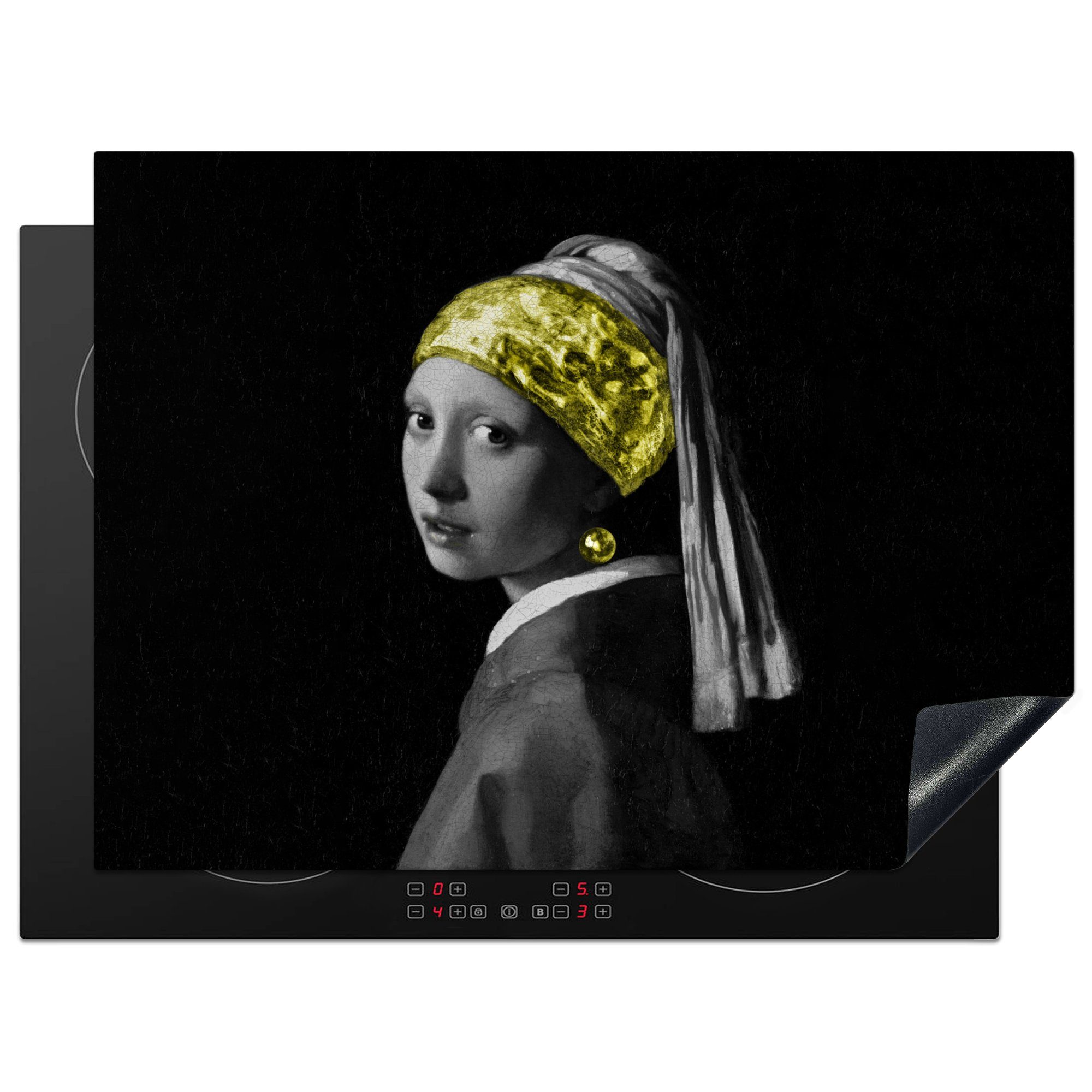 MuchoWow Herdblende-/Abdeckplatte Johannes Vermeer - Mädchen mit Perlenohrring - Gold, Vinyl, (1 tlg), 71x52 cm, Induktionskochfeld Schutz für die küche, Ceranfeldabdeckung