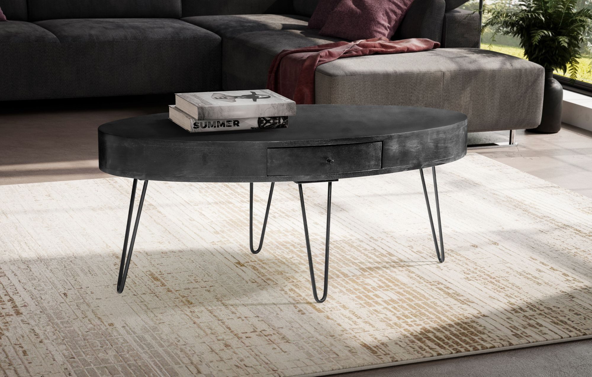 Wohnling Couchtisch WL6.837 Massivholz 100 cm Wohnzimmertisch Sofatisch Tisch Schublade (Massivholz Mango 100x50x40 cm, Tisch mit Schublade), Großer Wohnzimmertisch, Sofatisch Haarnadelbeine