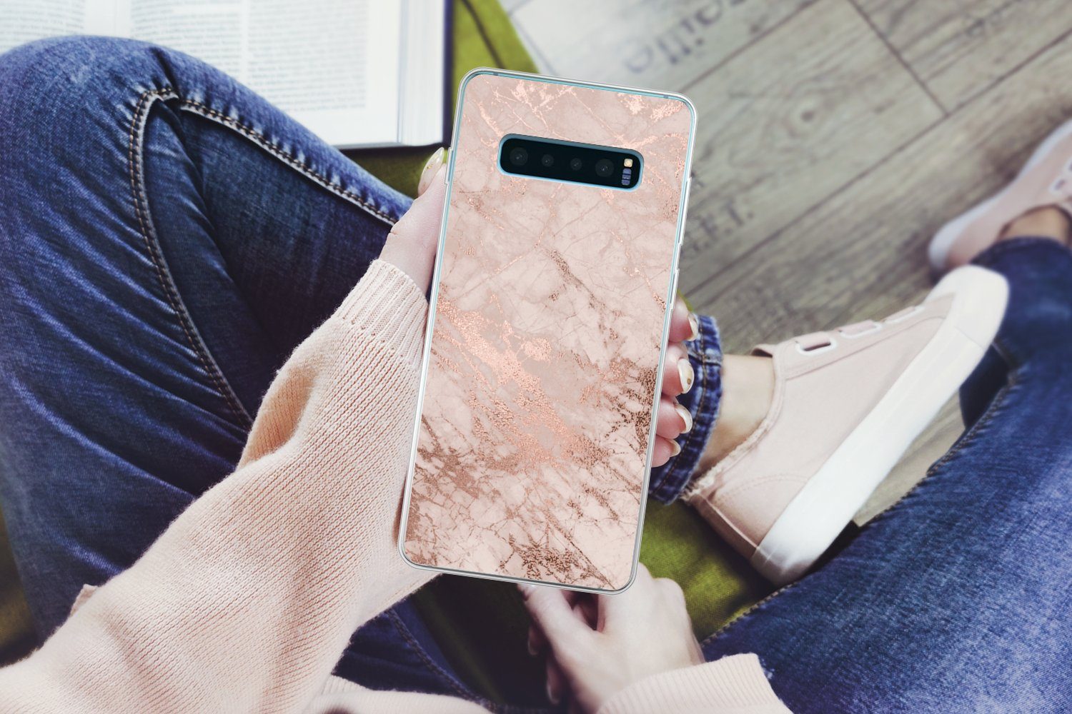 MuchoWow Handyhülle für Samsung Galaxy S10 Plus Marmor - Rosa - Luxus - Marmoroptik - Glit, Phone Case, Silikon, Schutzhülle Dünn