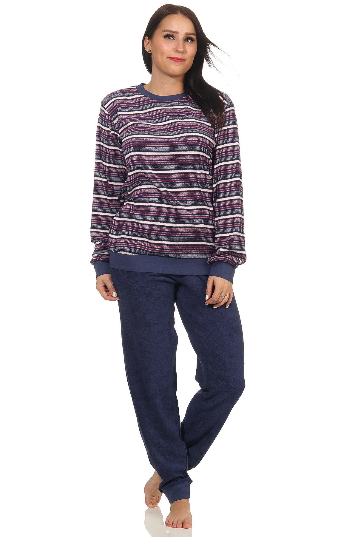 Pyjama Damen Frottee Pyjama langarm Schlafanzug mit Bündchen Streifenoptik