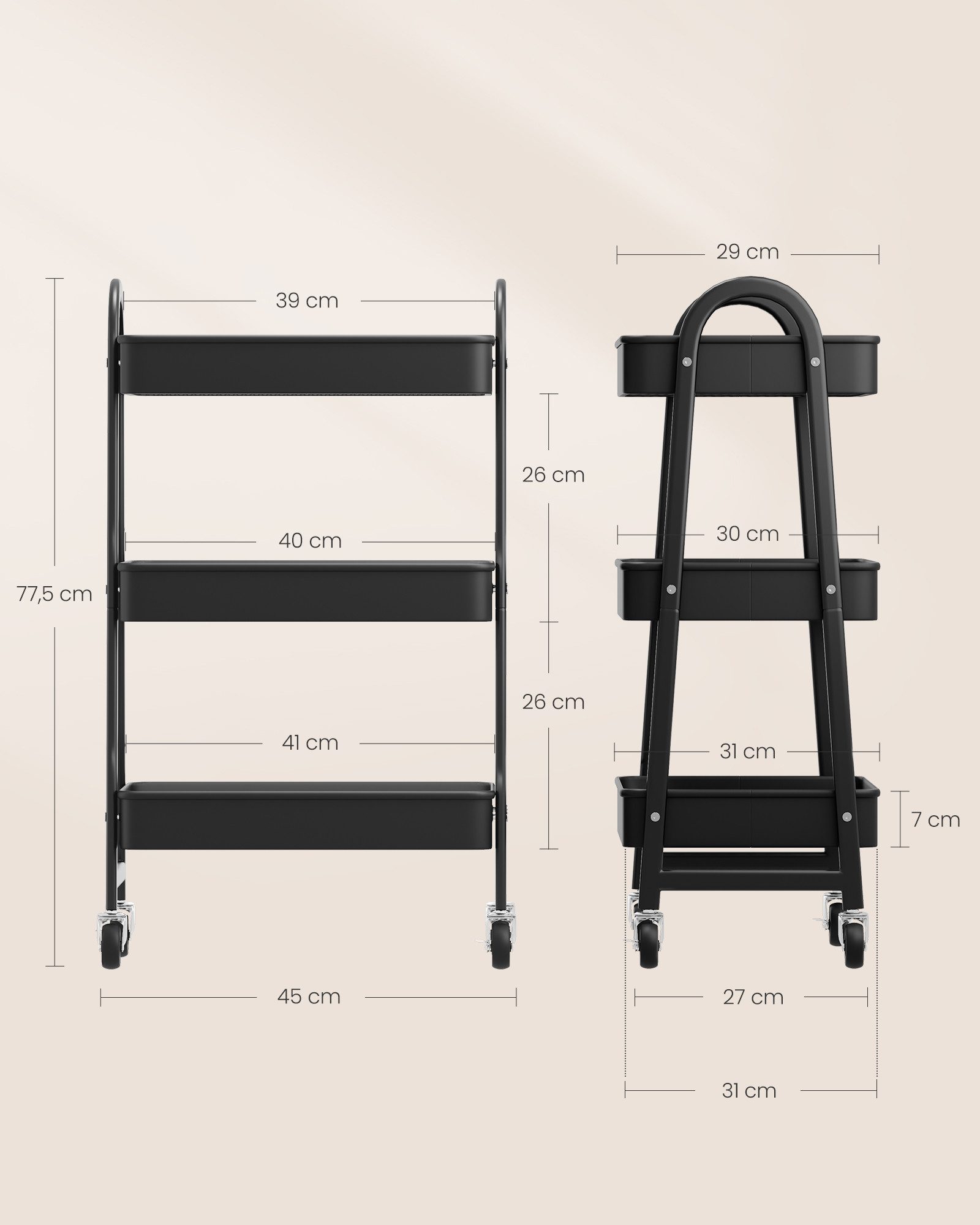 SONGMICS Servierwagen, Rollwagen mit 3 Ebenen, Servierwagen aus Metall, Küchenwagen