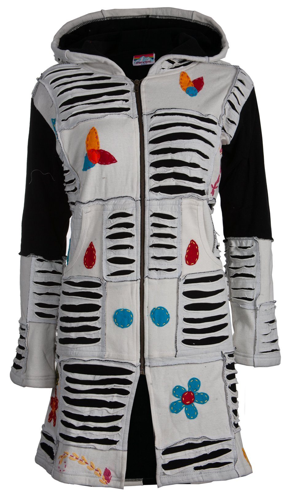 DEPROC Active Strickmantel Patchwork Mantel Multicolor FLOWER POWER LIGHT GRAY mit Kapuze