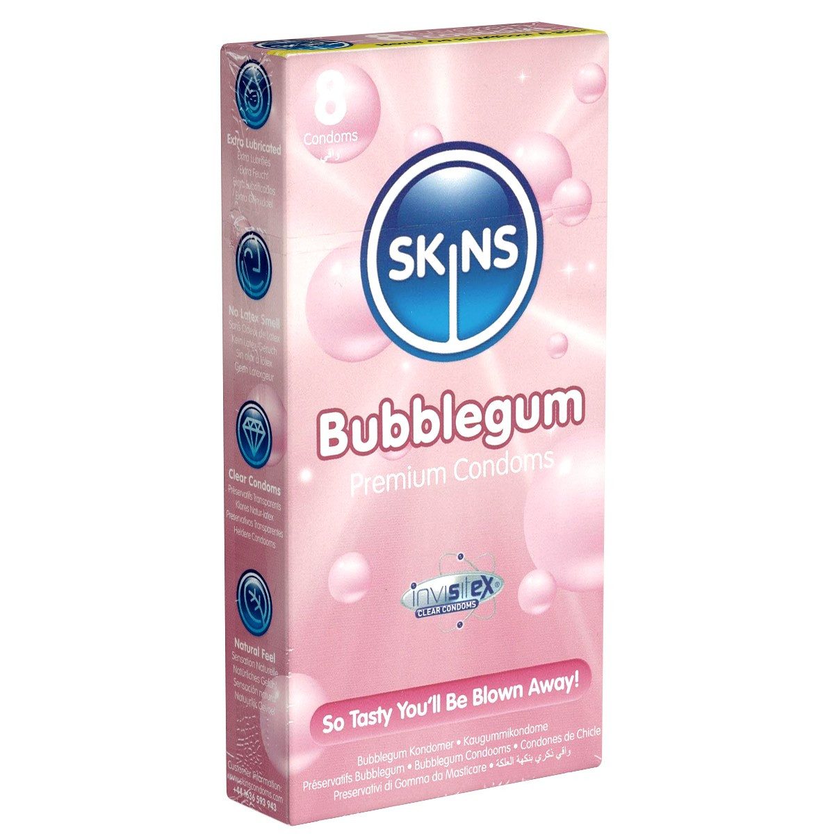 SKINS Condoms Kondome Bubblegum, samtweiche Oberfläche, fühlt sich an wie "echt", Packung mit, 8 St., leckere Kondome mit Kaugummi-Aroma, durchsichtiges Latex (kristallklar), kein Latexgeruch
