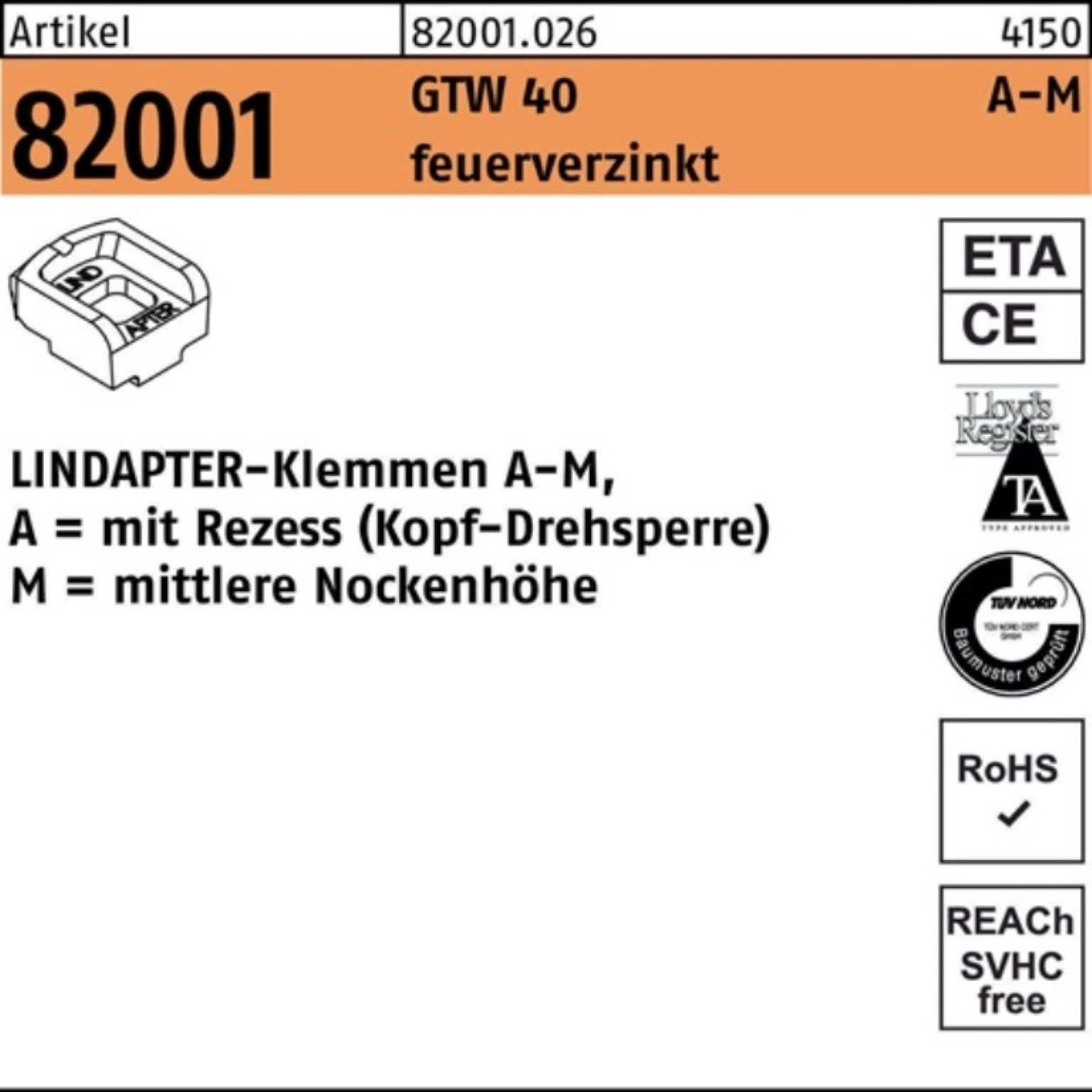 Lindapter Klemmen 100er Pack Klemmen R 82001 GTW 40 MM 16/8,0 feuerverz. 1 Stück LINDAP