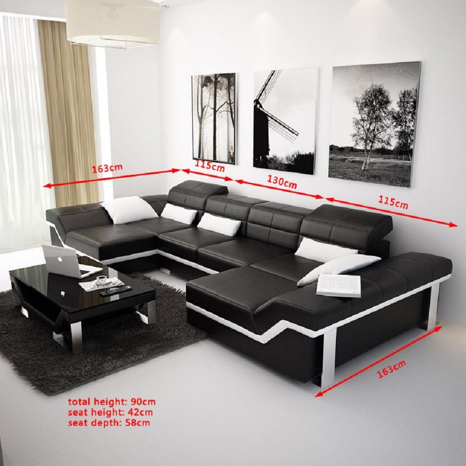 JVmoebel Ecke Couch Leder Wohnlandschaft Form Ecksofa Schwarze Ecksofa, Sofa Polster U