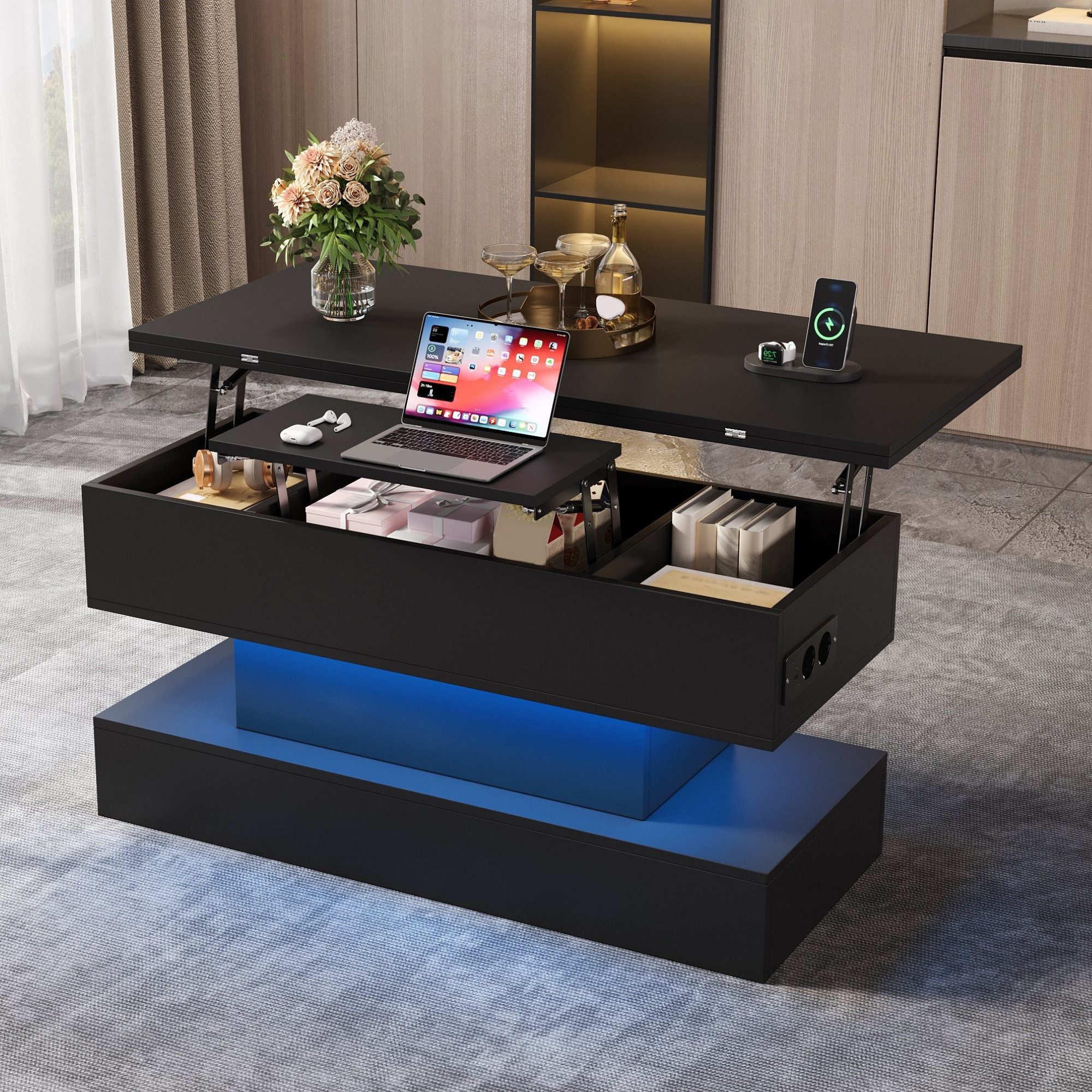 Merax Couchtisch Sofatisch Beistelltisch mit LED-Beleuchtung & USB/USB-C & Steckdose (1-St), Wohnzimmertisch höhenverstellbar & ausklappbar, 100x50x51,5cm