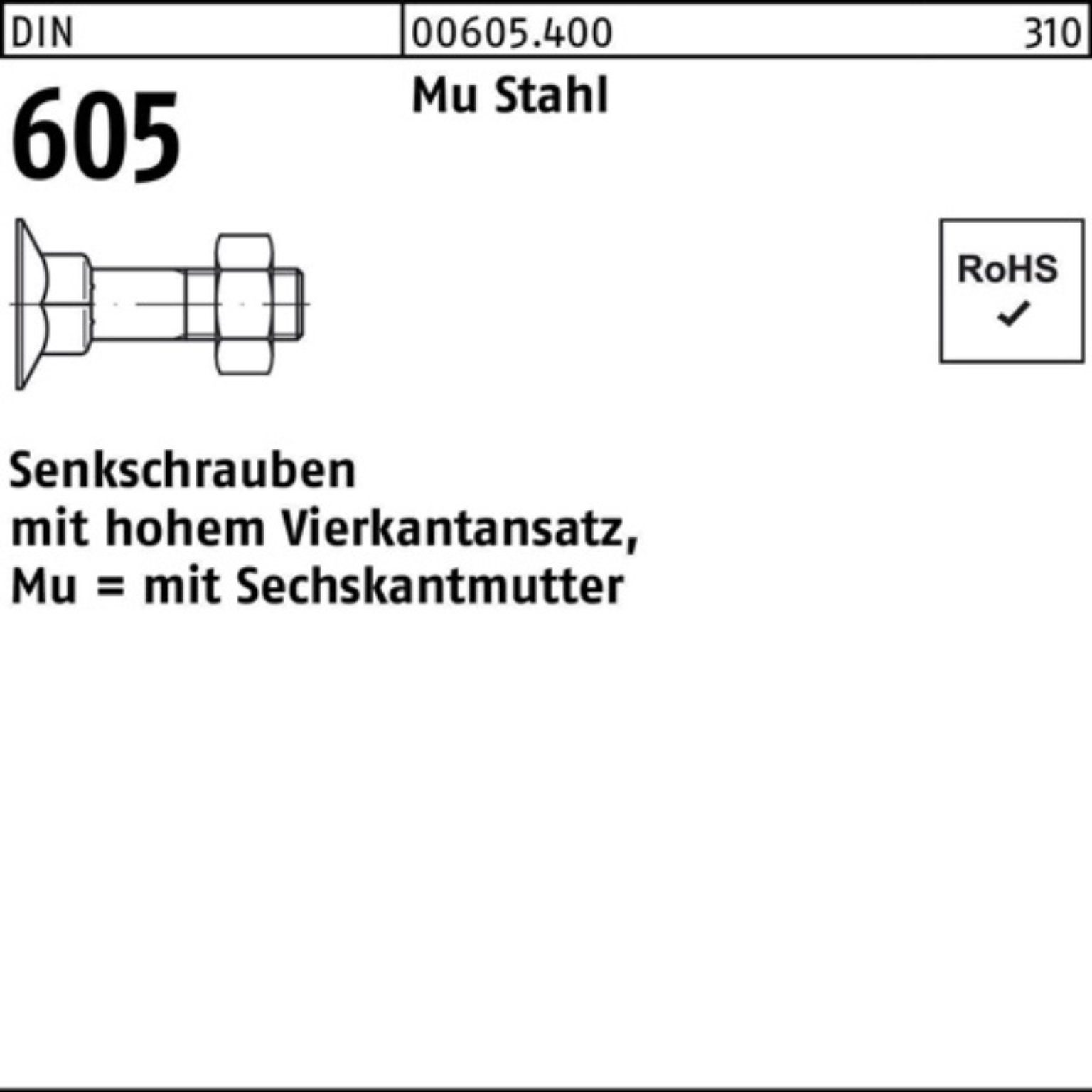 Reyher Senkschraube 200er Pack Senkschraube DIN 605 4-ktansatz/6-ktmutter M8x 70 Mu Stahl