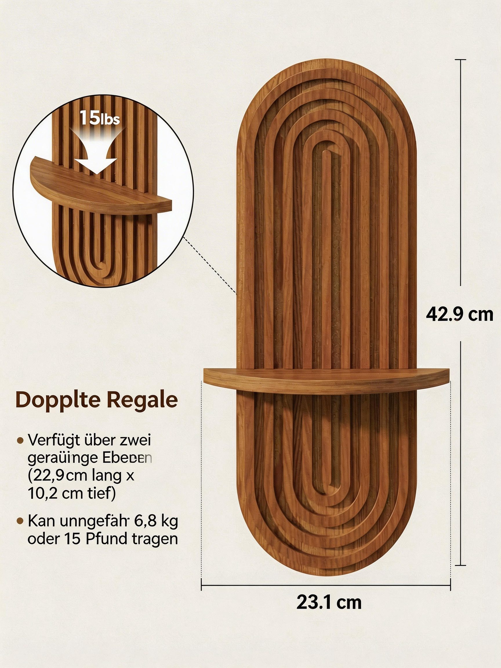 Bamworld Deko-Wandregal 2-stufiges Holz-Wandregal im Boho-Stil, 23x43 cm, 1-tlg., Mid-Century Modern Deko für Wohnraum, Schlafzimmer & Bad – Bild 2 von 5