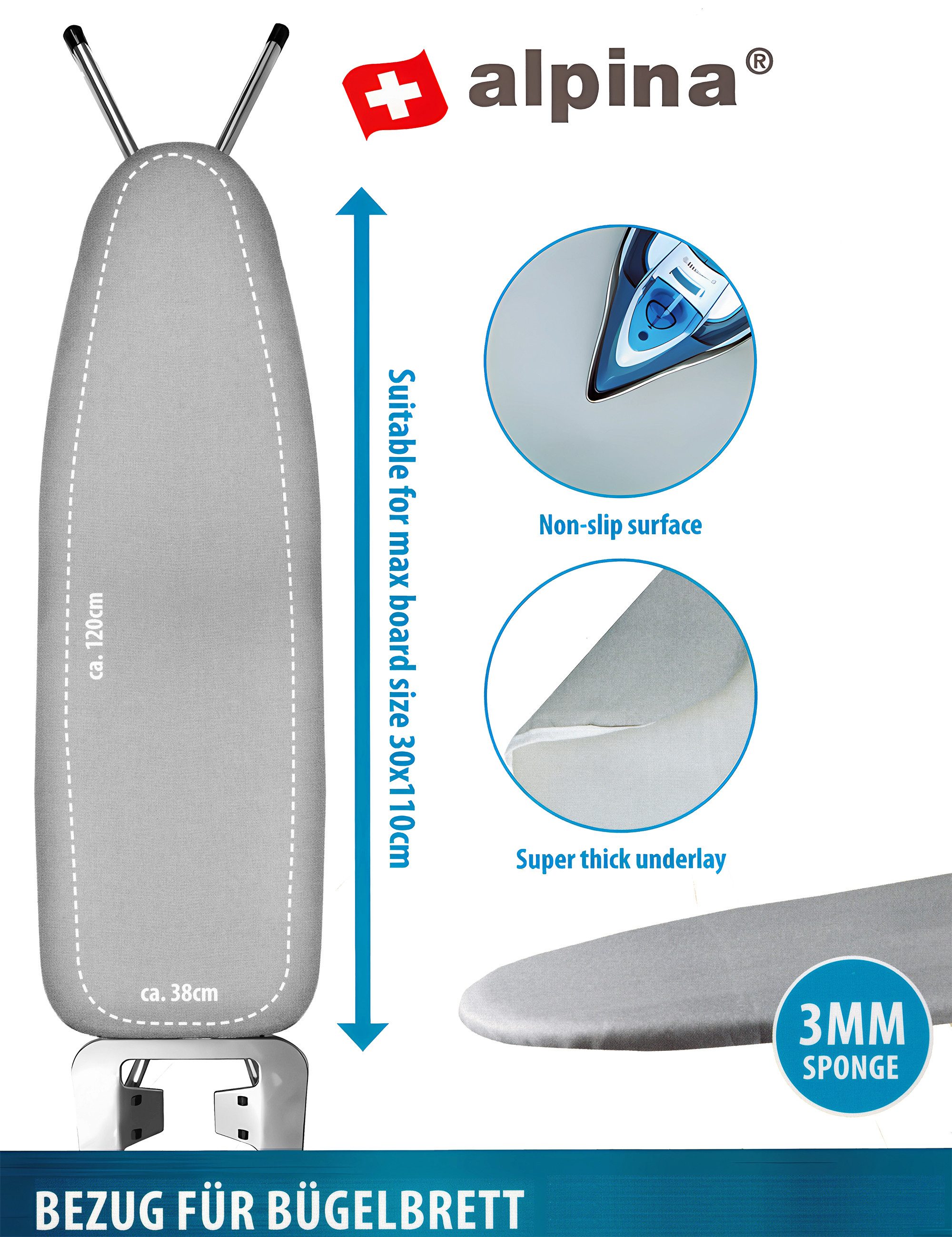 *Alpina* Bügelbrettbezug BÜGELBRETTBEZUG 120x38cm Grau für Bügelbrett: 110x günstig online kaufen