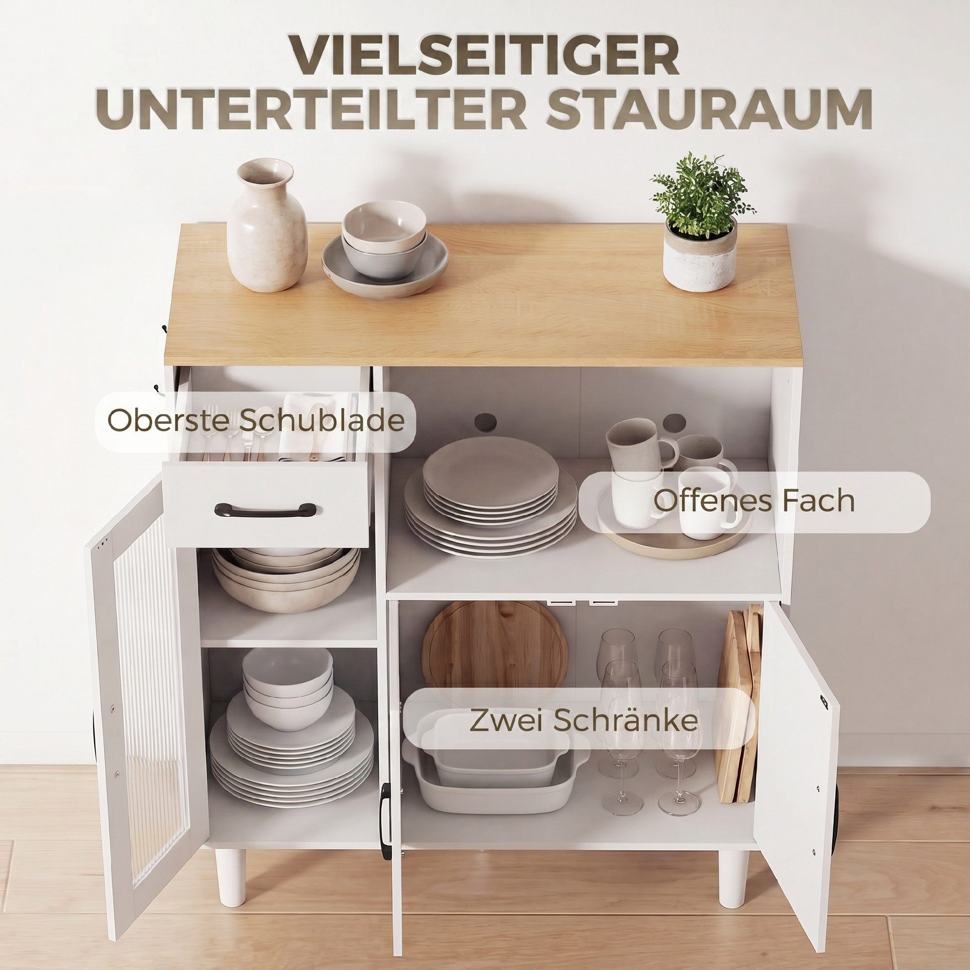 HOMCOM Sideboard Aufbewahrungsschrank mit Schublade, 2 Schränke, offenem Fach (Küchenschrank, 1 St., Aufbewahrungsschrank), für Wohnzimmer Weiß+Eiche 80 x 34 x  – Bild 5 von 5