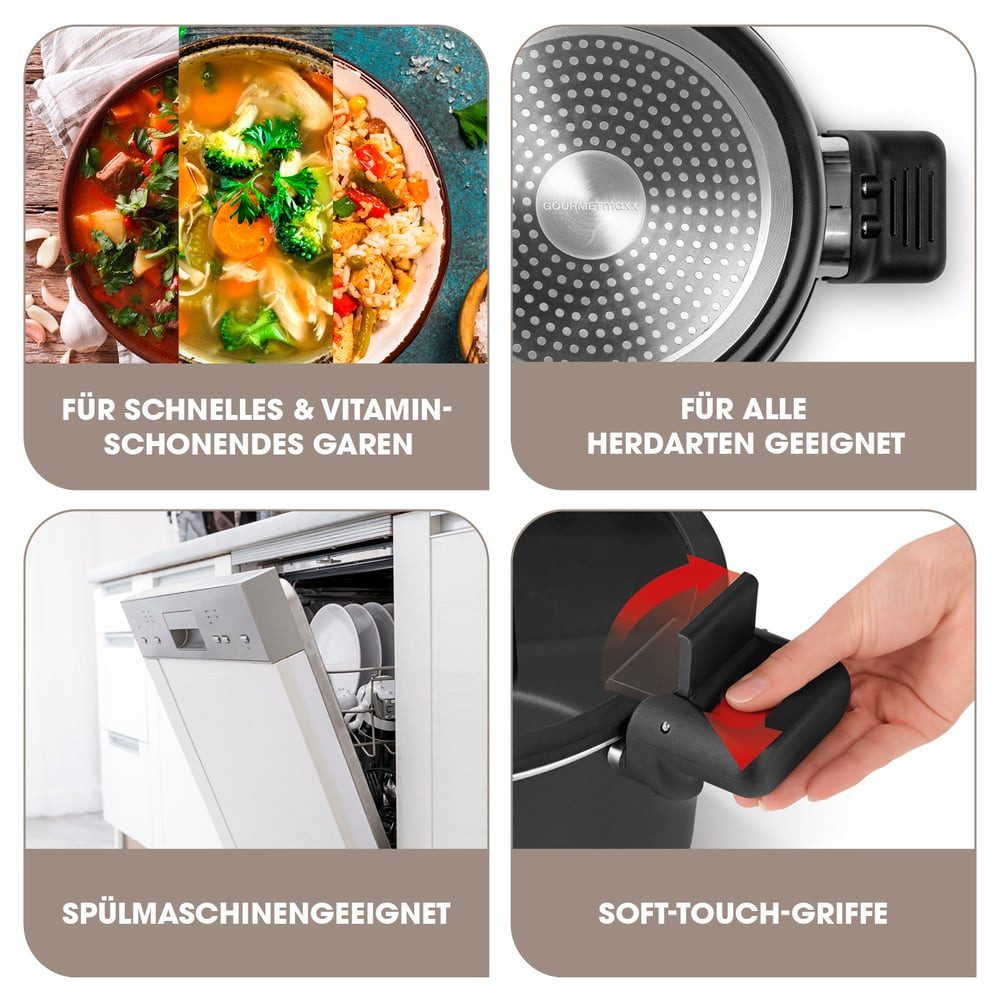 GOURMETmaxx Schnellkochtopf Energiespartopf Aluminium 5,8l schwarz/rot, (2-tlg)
