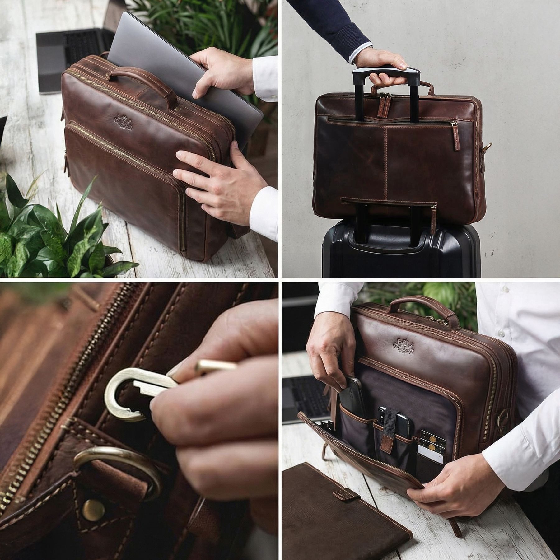 SID & VAIN Umhängetasche echt Leder Aktentasche 15 Zoll Laptop-Hülle braun, Laptoptasche 15,4 Zoll, Arbeitstasche Umhängetasche Damen Herren braun